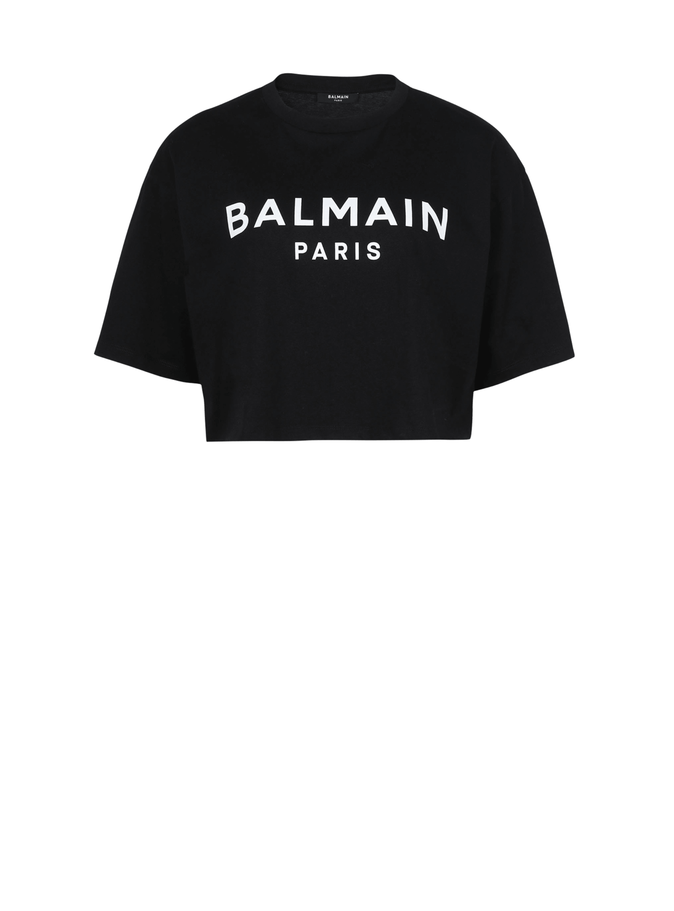Kurzes T-Shirt aus Öko-Baumwolle mit aufgedrucktem Balmain-Logo, schwarz, hi-res