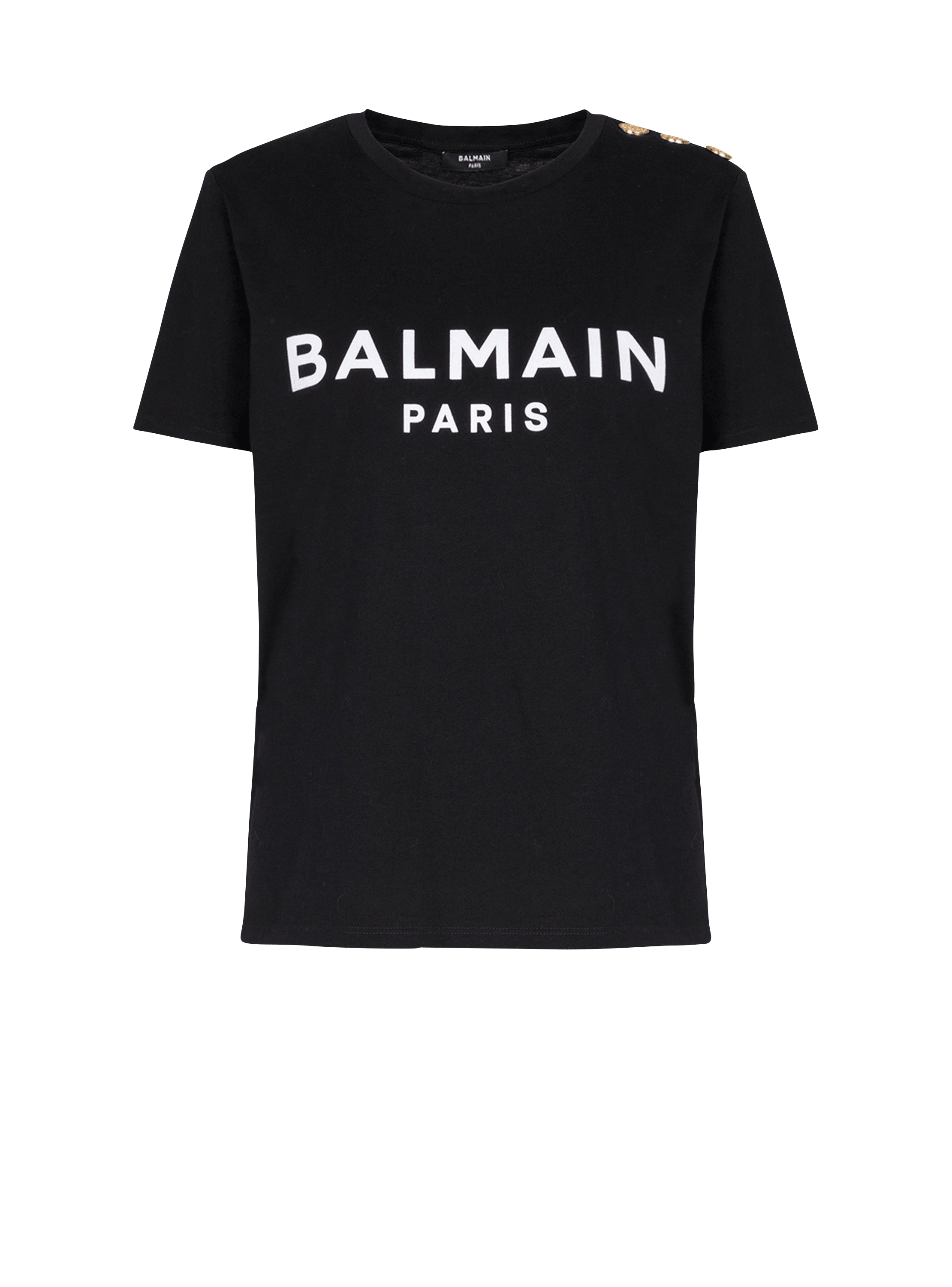 Camiseta de algodón ecológico con el logotipo de Balmain estampado, negro, hi-res