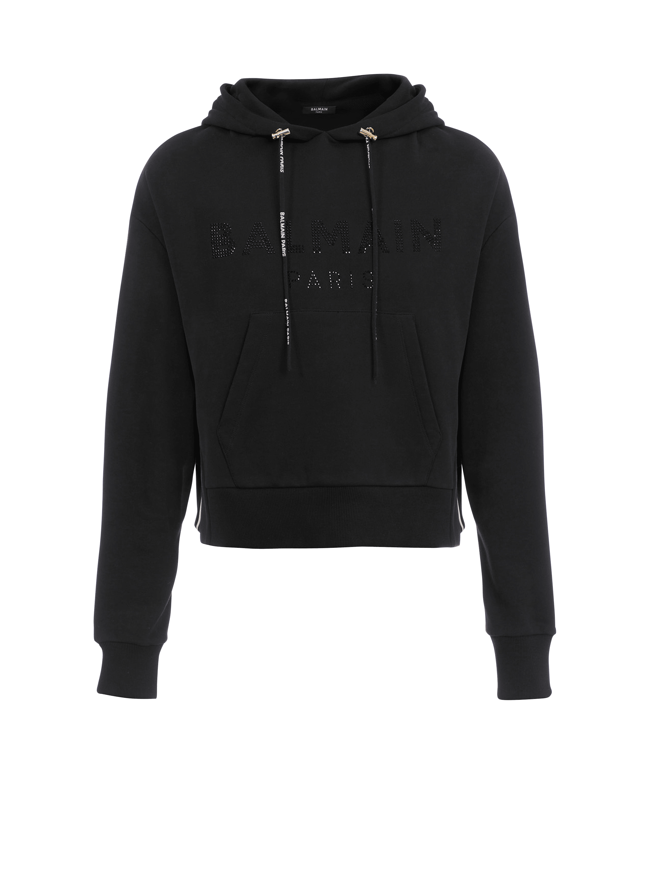 Cropped-Sweatshirt aus Bio-Baumwolle mit Balmain-Logo aus schwarzen Strasssteinen