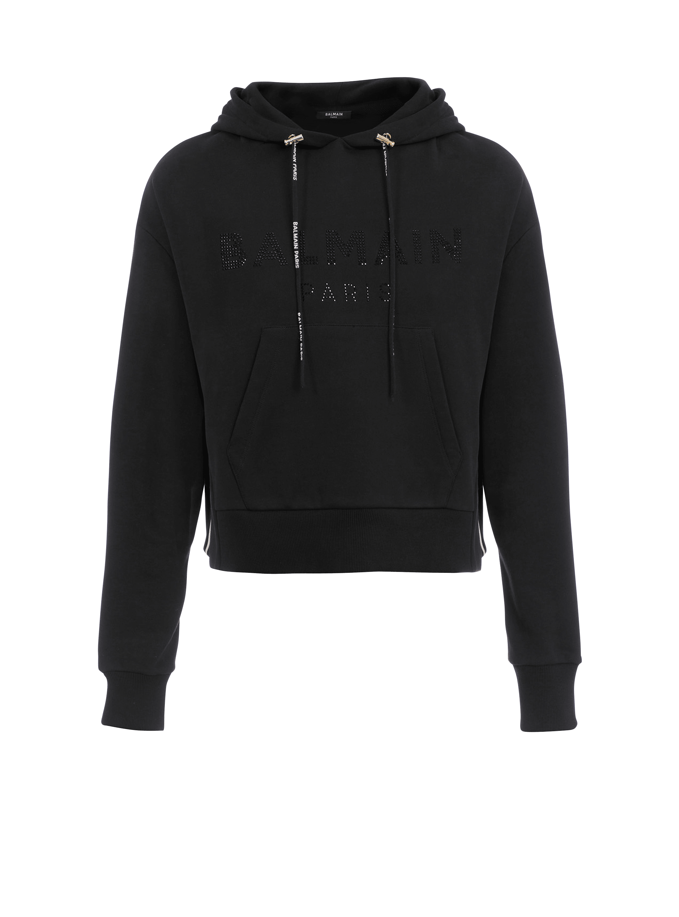 Sweat-shirt court en coton éco-design avec logo Balmain strassé, noir, hi-res