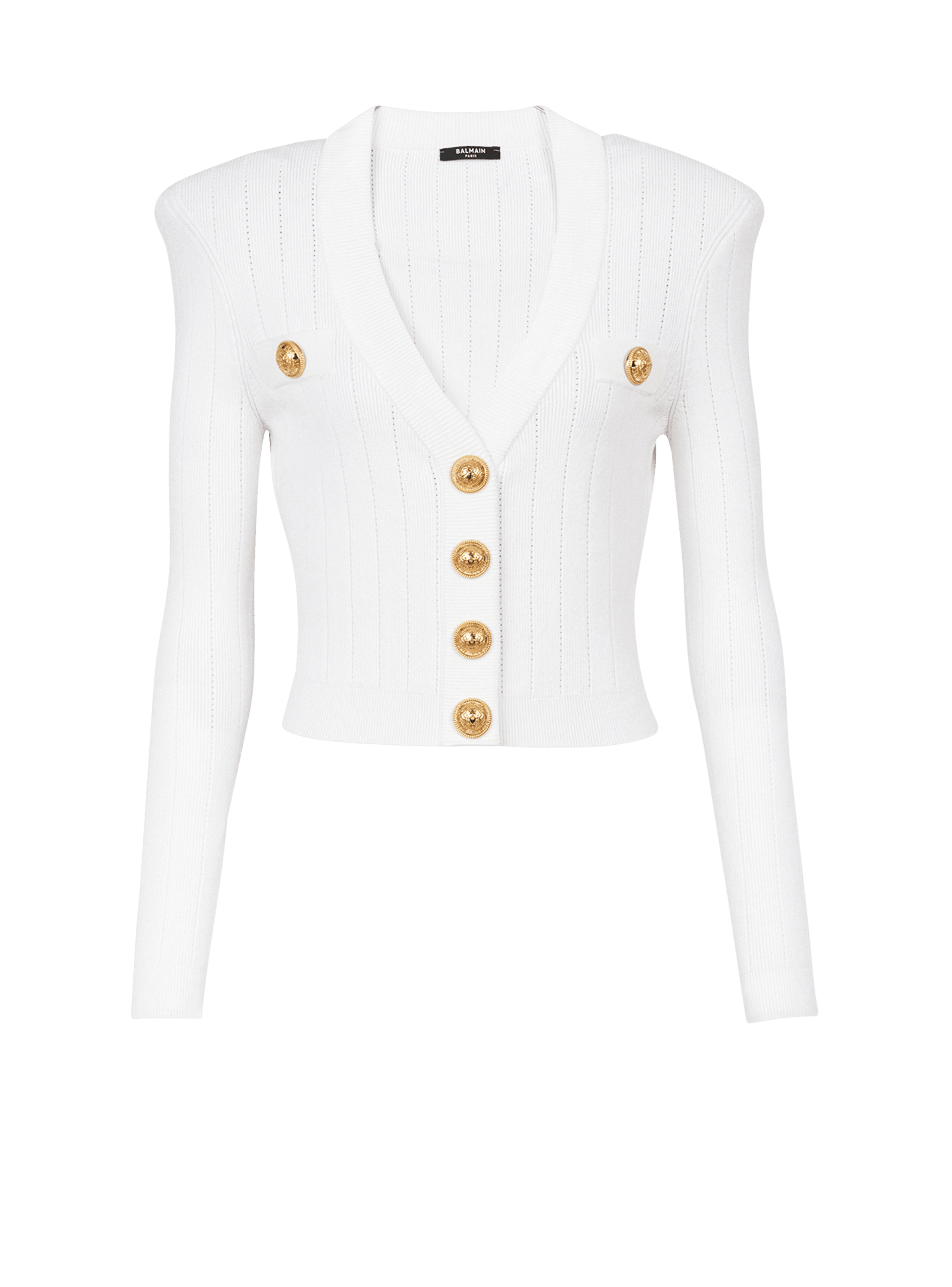 Cropped eco-designed knit cardigan with gold-tone buttons - Women | BALMAIN