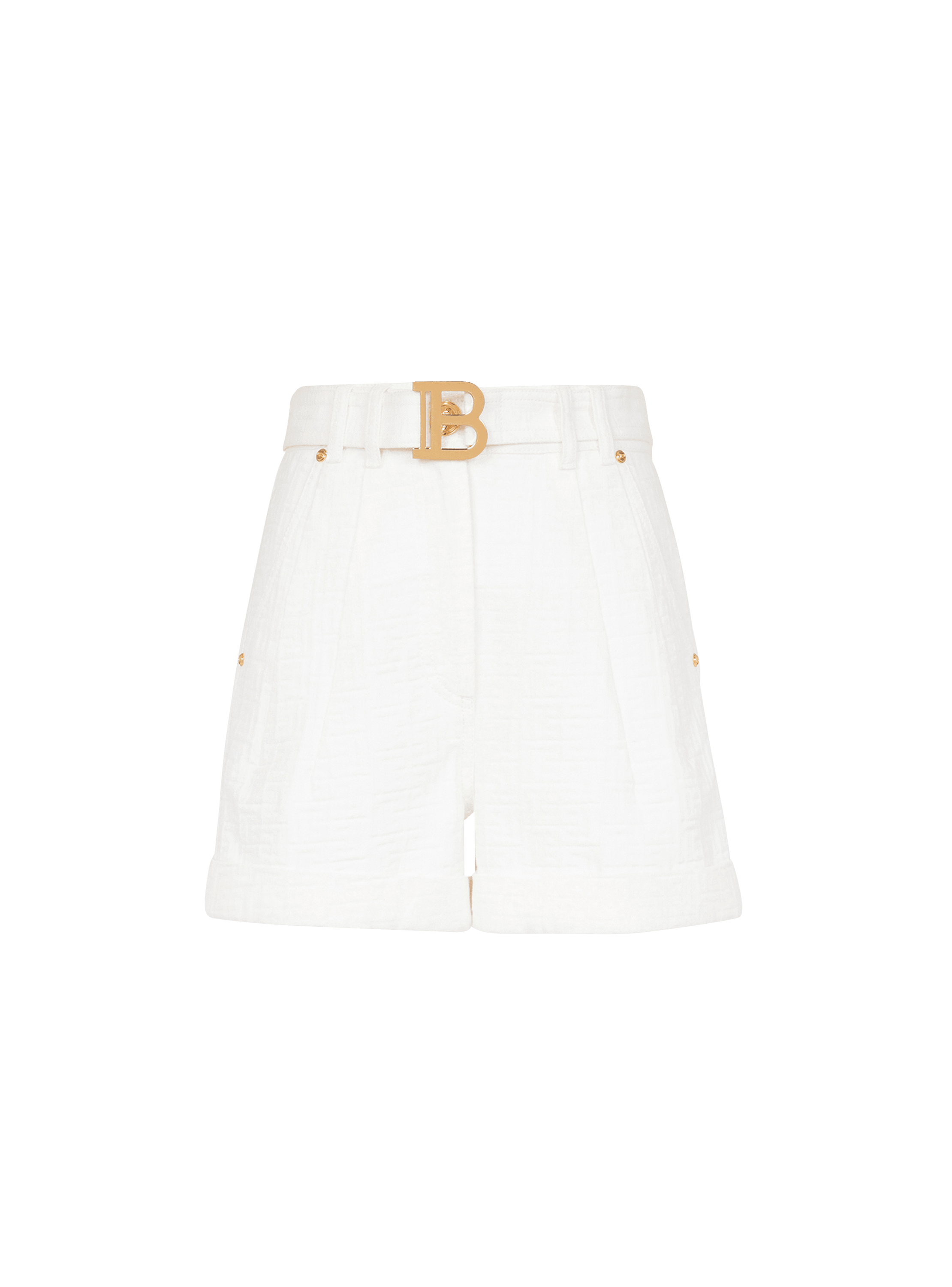 Denim high-waisted shorts with Balmain buckle, white, hi-res