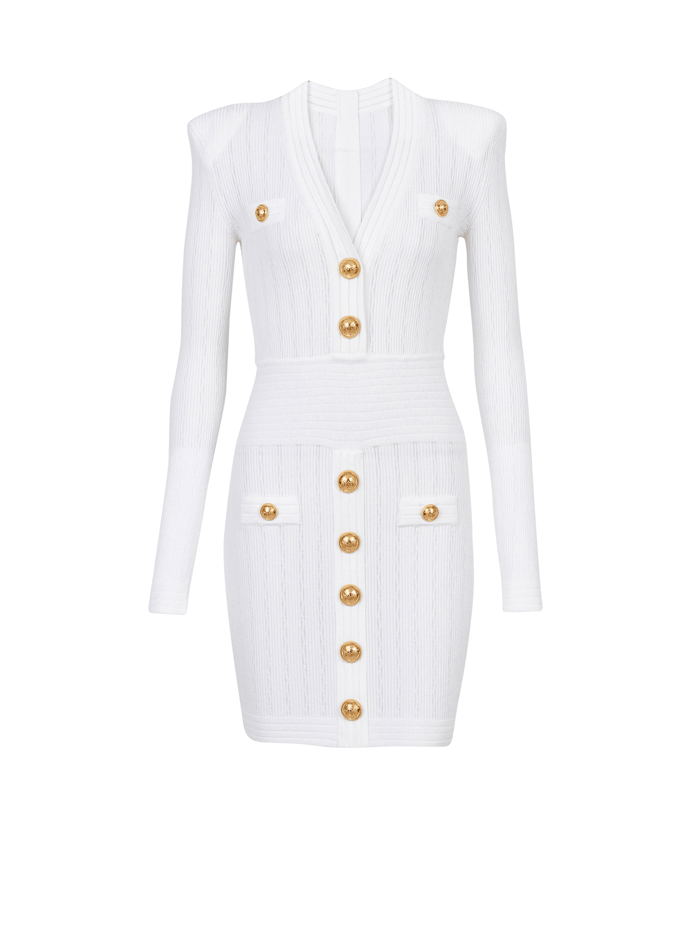 Short eco-designed knit dress with gold-tone buttons