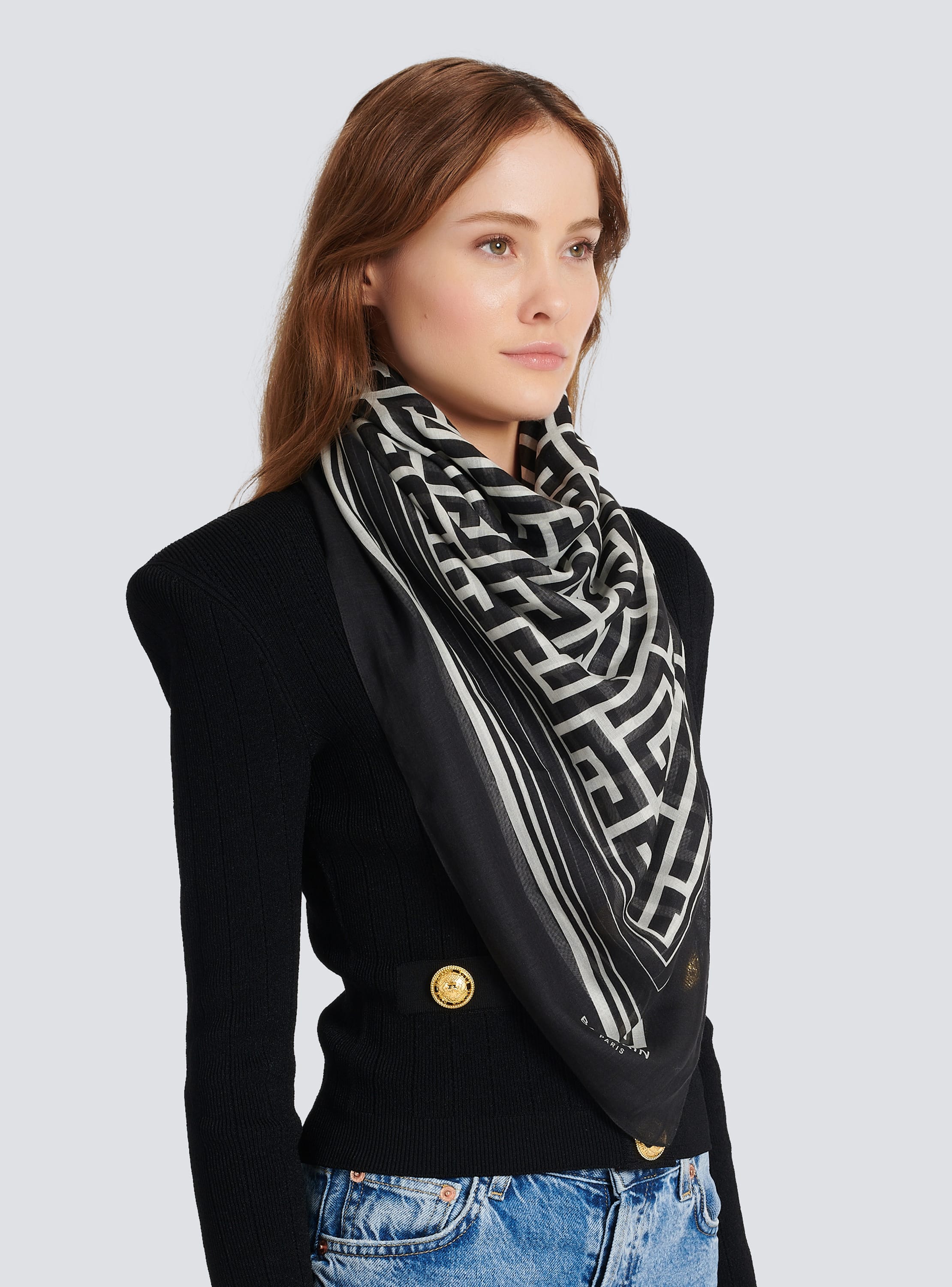 Wool scarf with large Balmain monogram black - Women