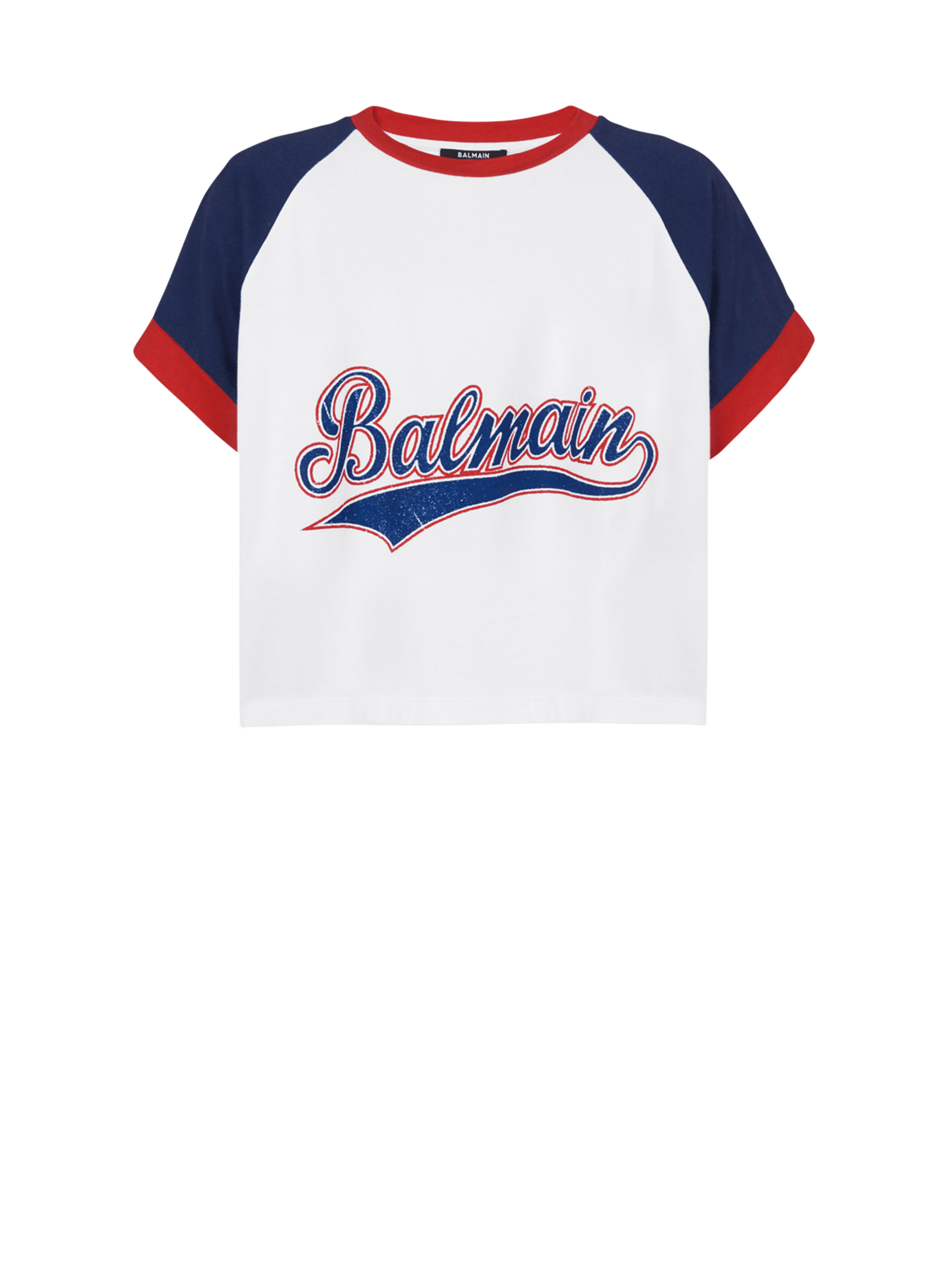 HIGH SUMMER CAPSULE - Cropped cotton T-shirt with Balmain logo print, white, hi-res