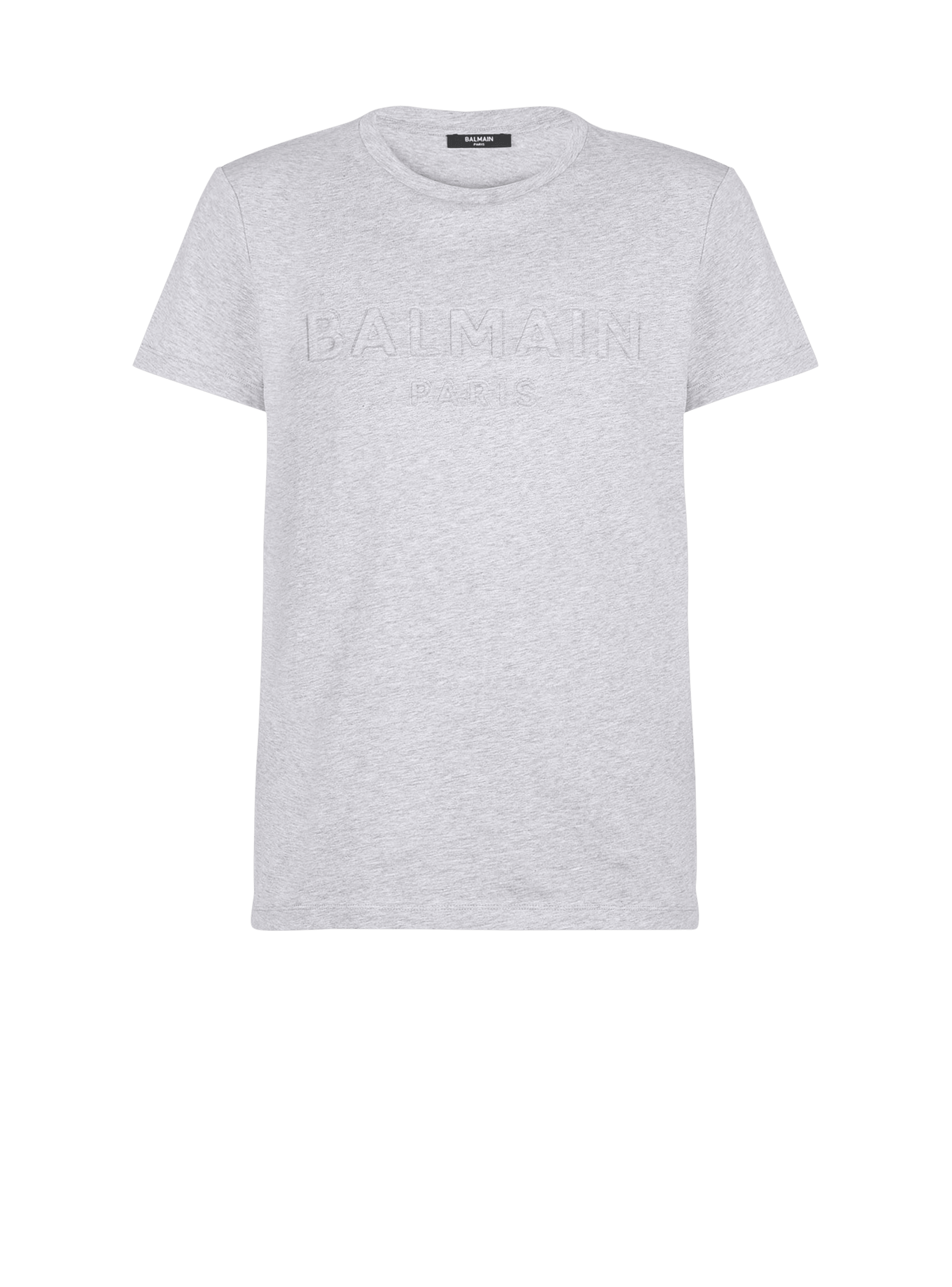 Cotton T-shirt with embossed Balmain Paris logo, grey, hi-res