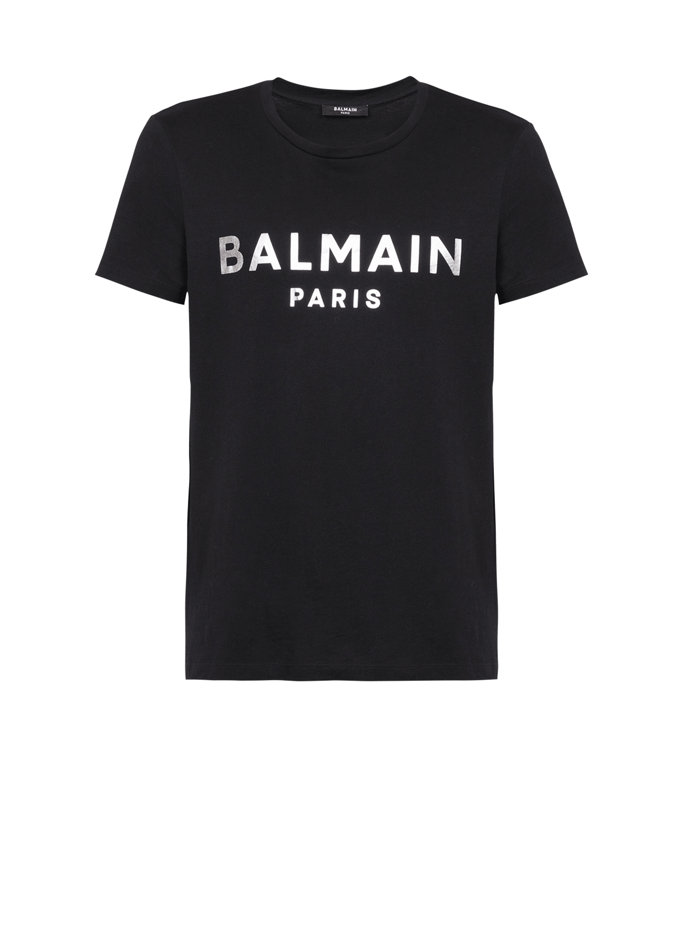 T-Shirt aus Baumwolle mit „Balmain Paris“-Logo-Print, silbern, hi-res