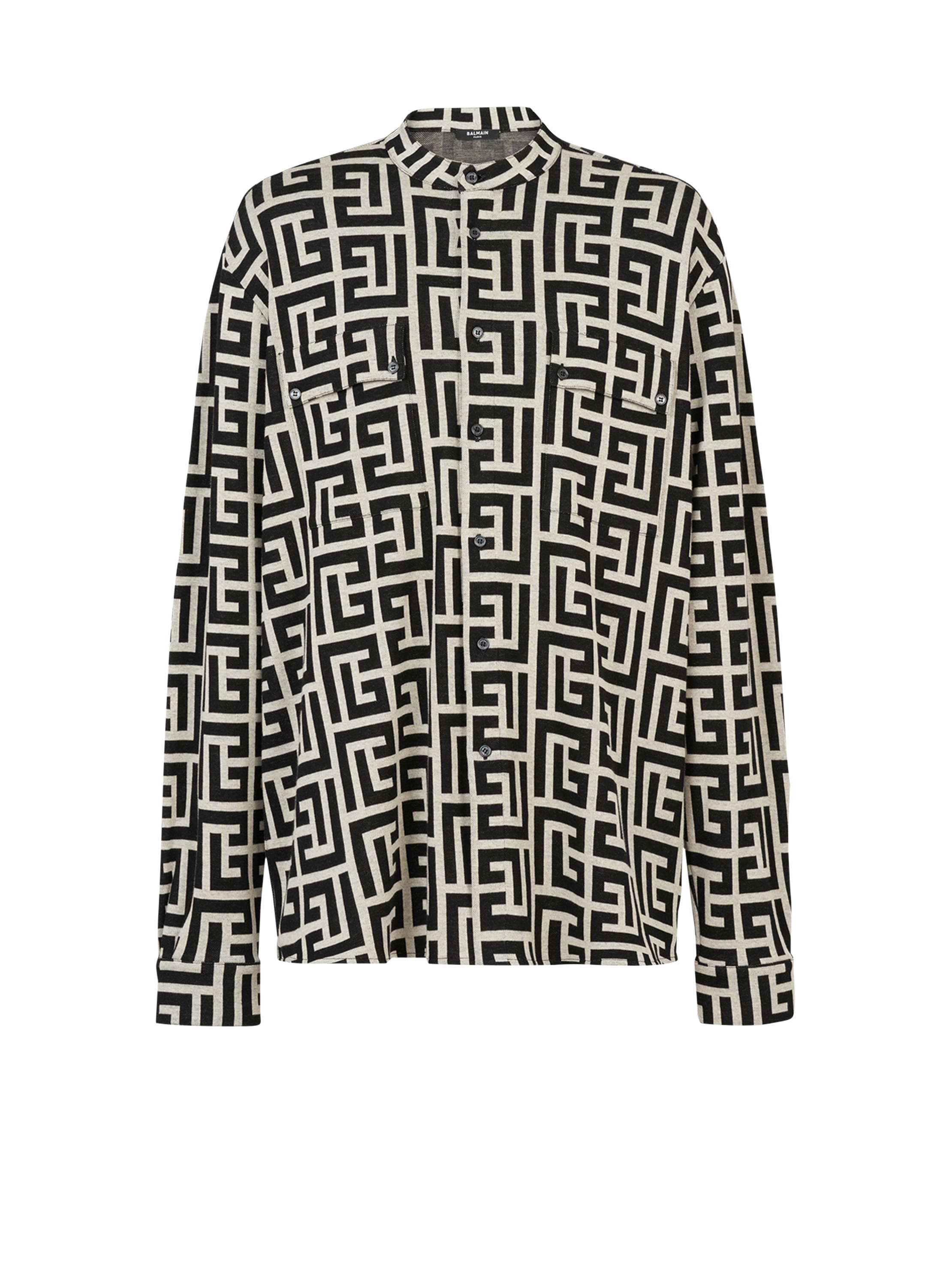Cotton shirt with maxi Balmain monogram print, black, hi-res