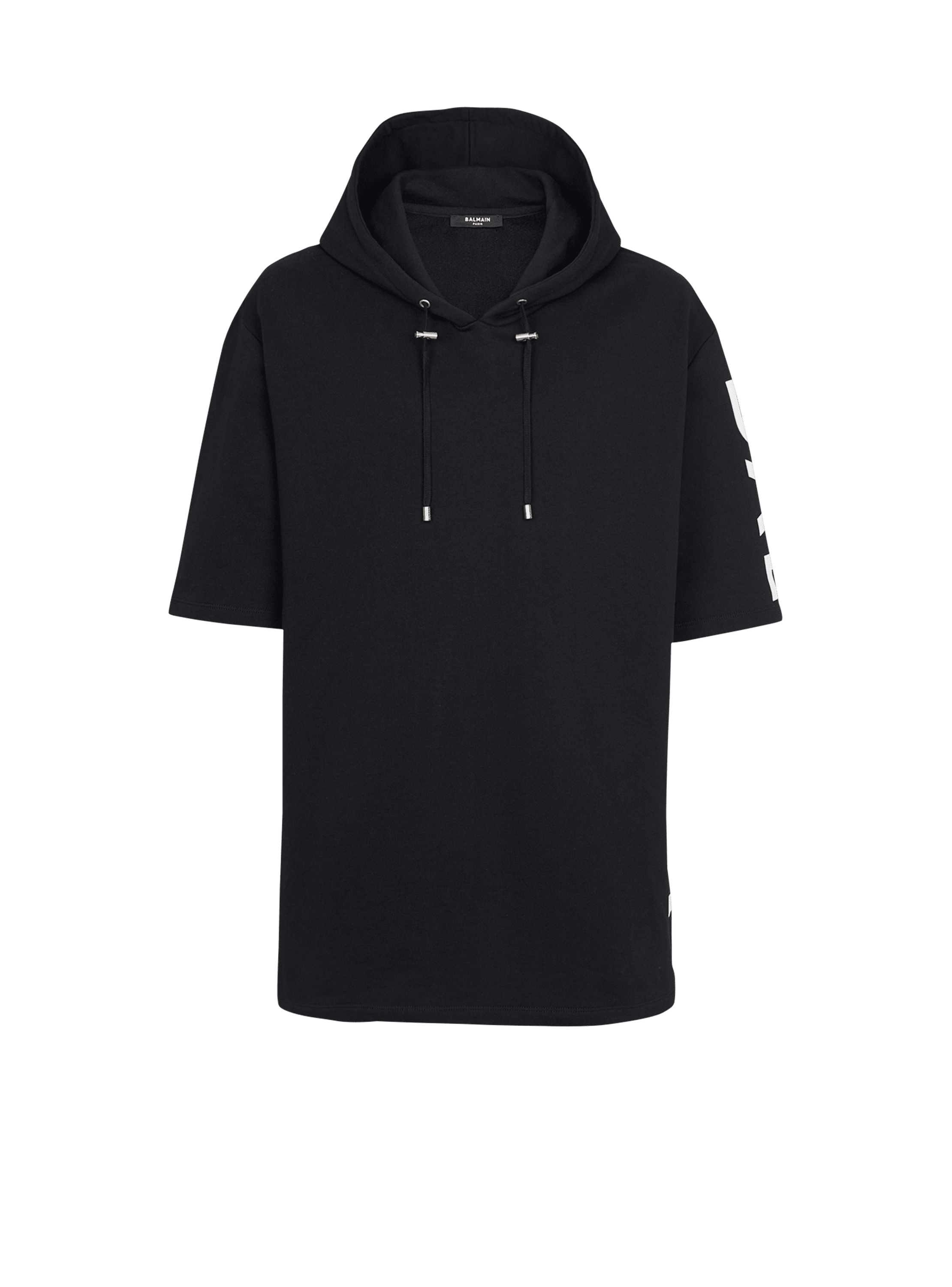 Sweat à capuche oversize en coton imprimé logo Balmain, noir, hi-res
