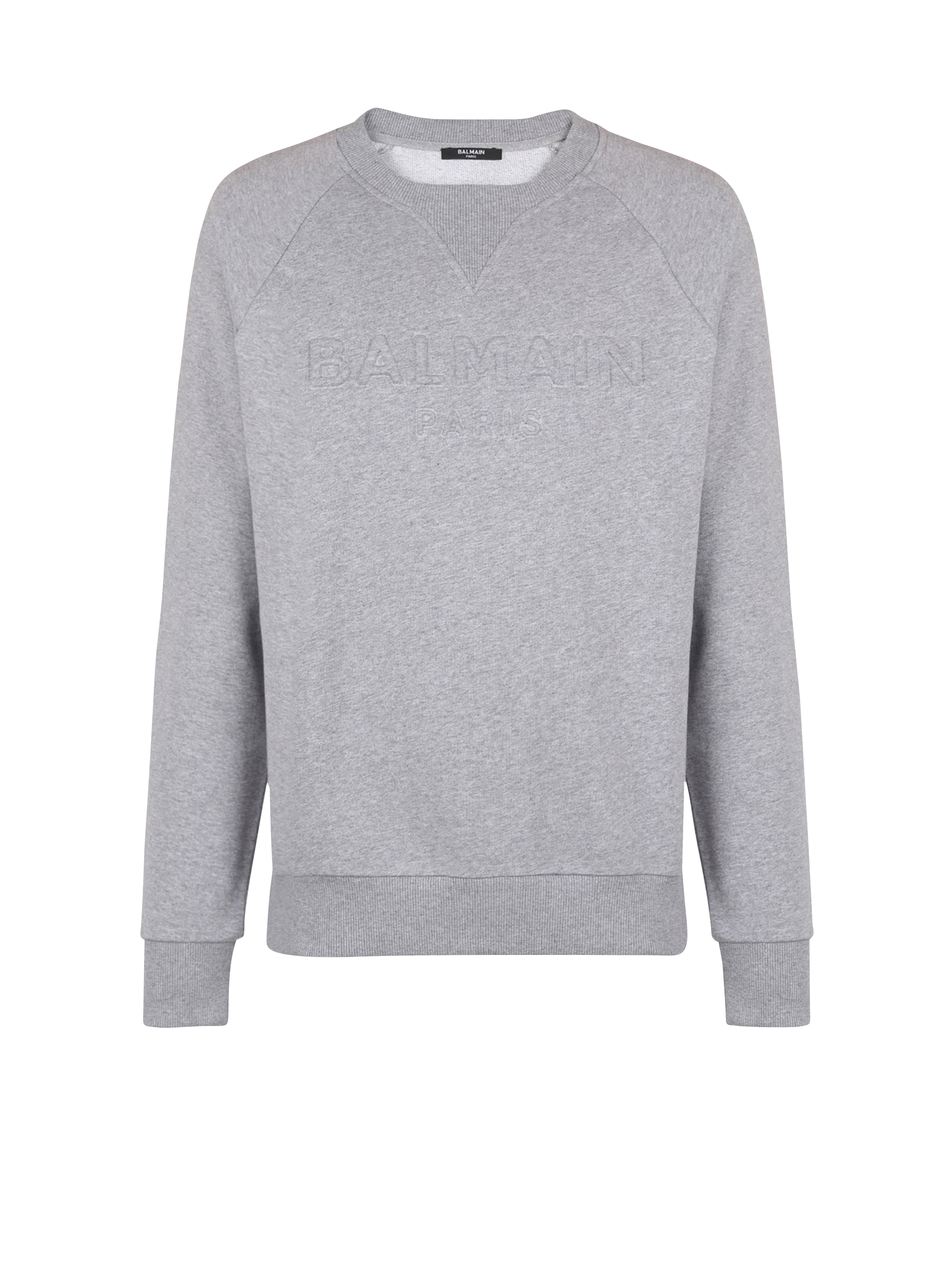 Cotton sweatshirt with embossed Balmain logo, grey, hi-res