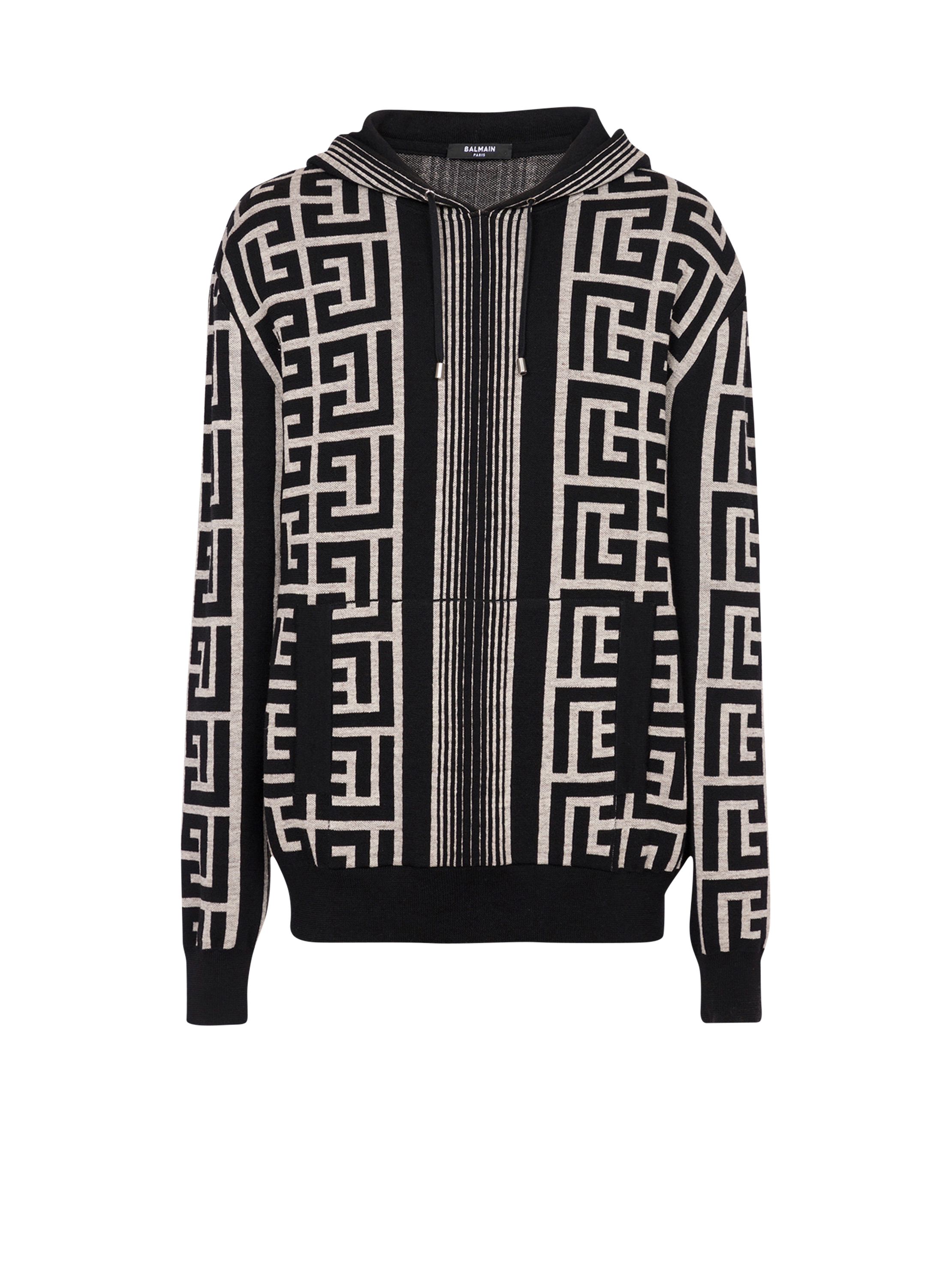 Wool sweater with maxi Balmain monogram, black, hi-res