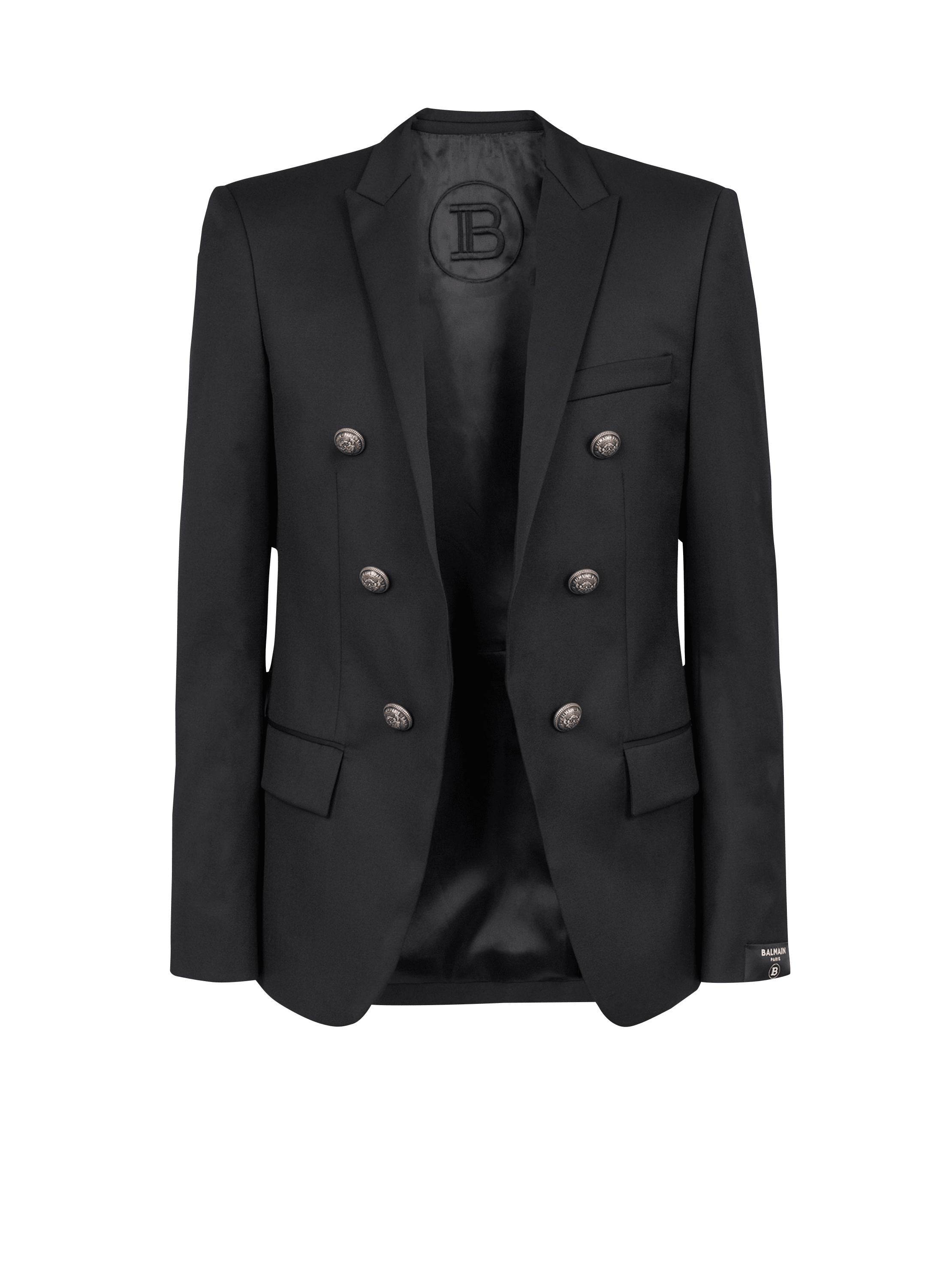 Wool blazer with double-breasted silver-tone buttoned fastening, black, hi-res