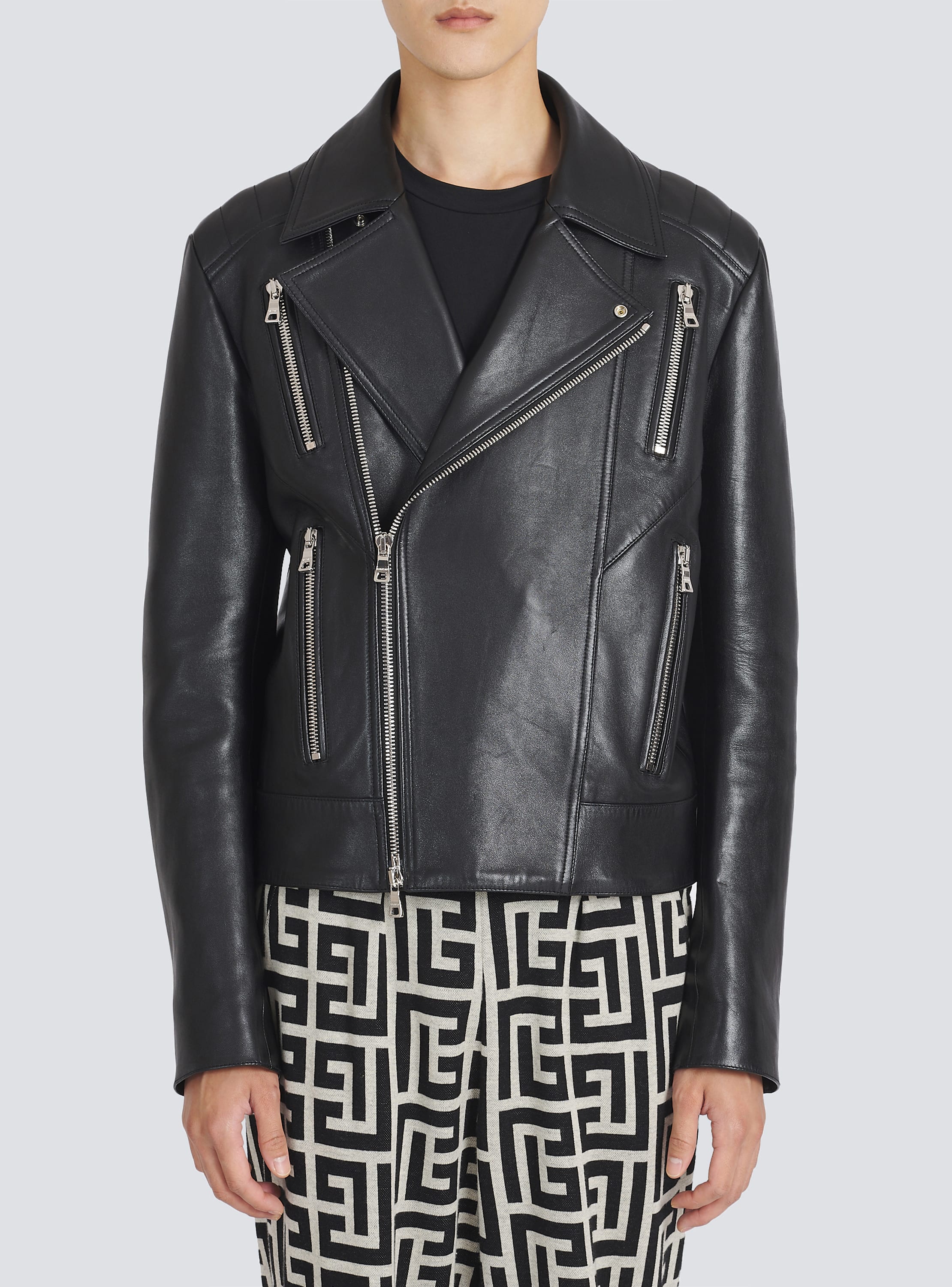 Balmain Leather Biker Jacket with Mini Monogram Print