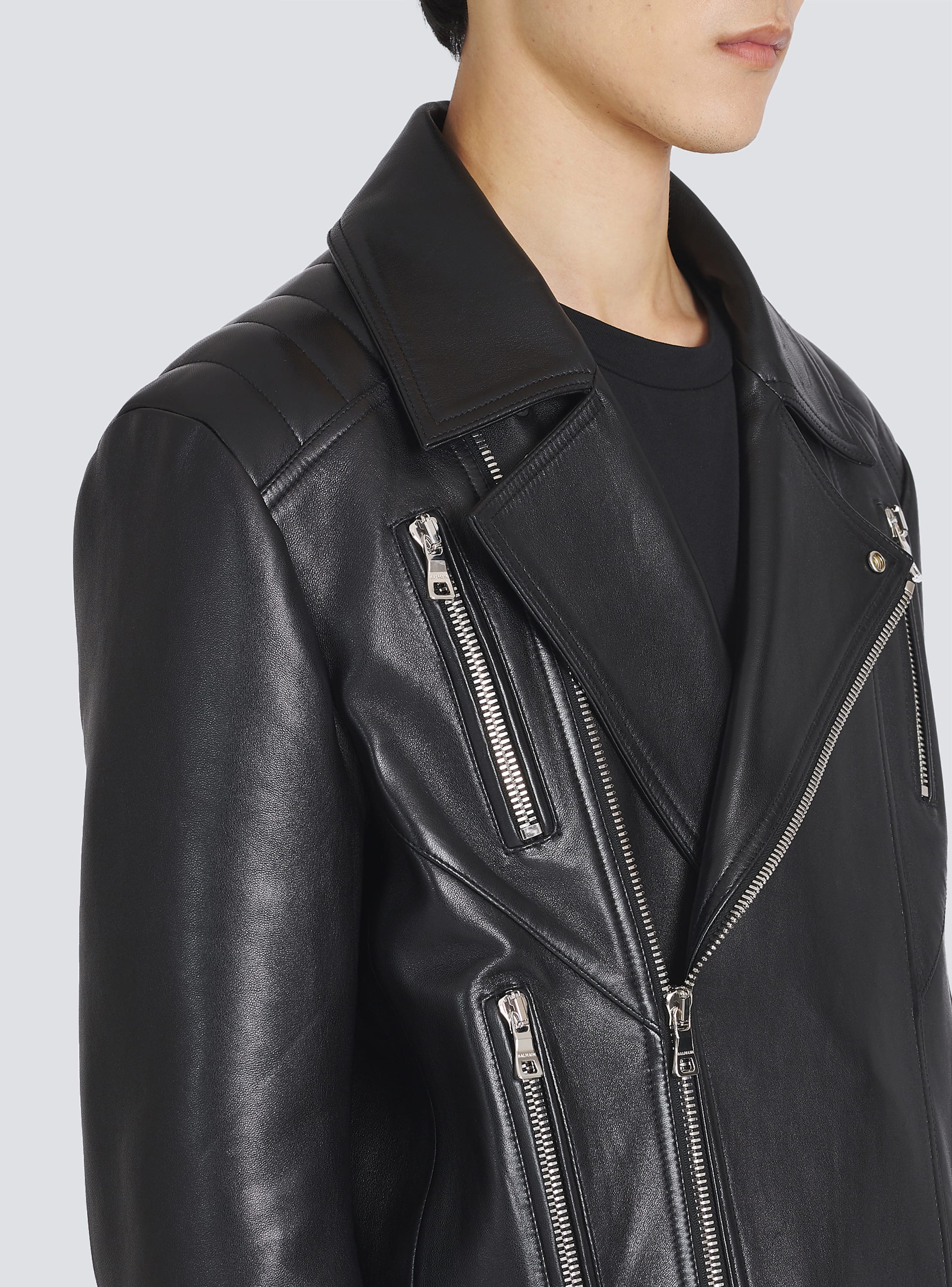 Balmain - Leather Biker Jacket with Mini Monogram Print