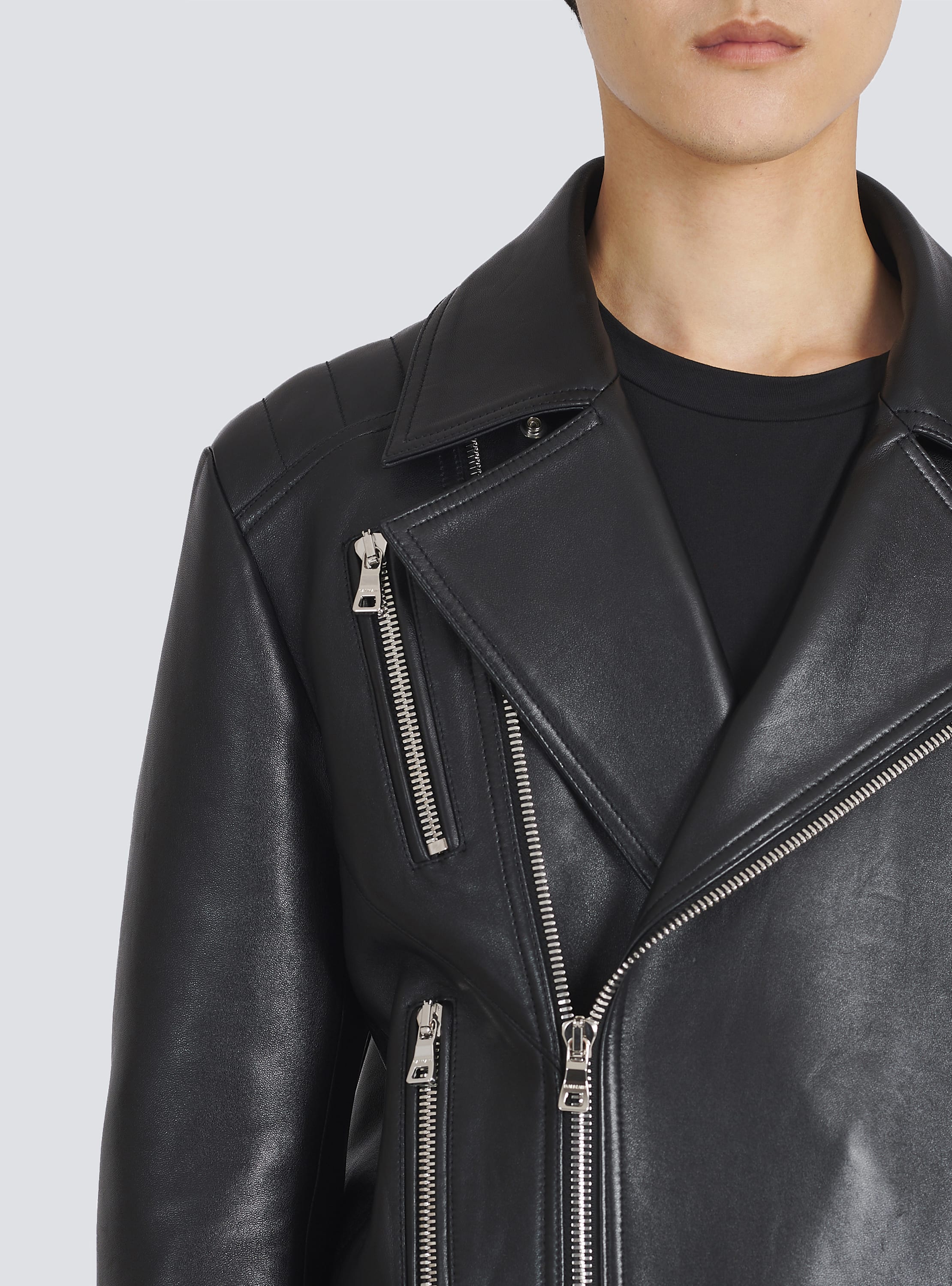 Blouson biker en cuir noir Homme BALMAIN