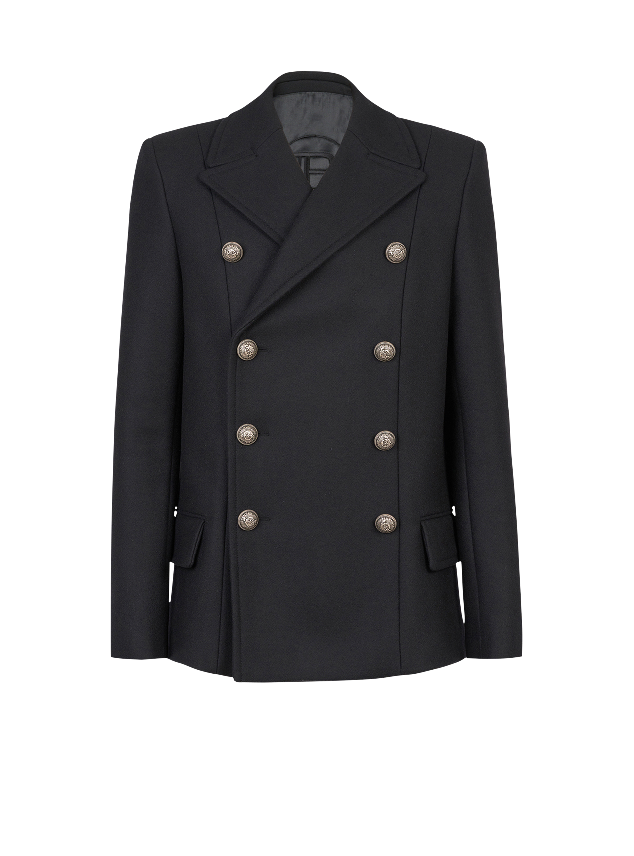 Wool pea coat with double-breasted silver-tone buttoned fastening