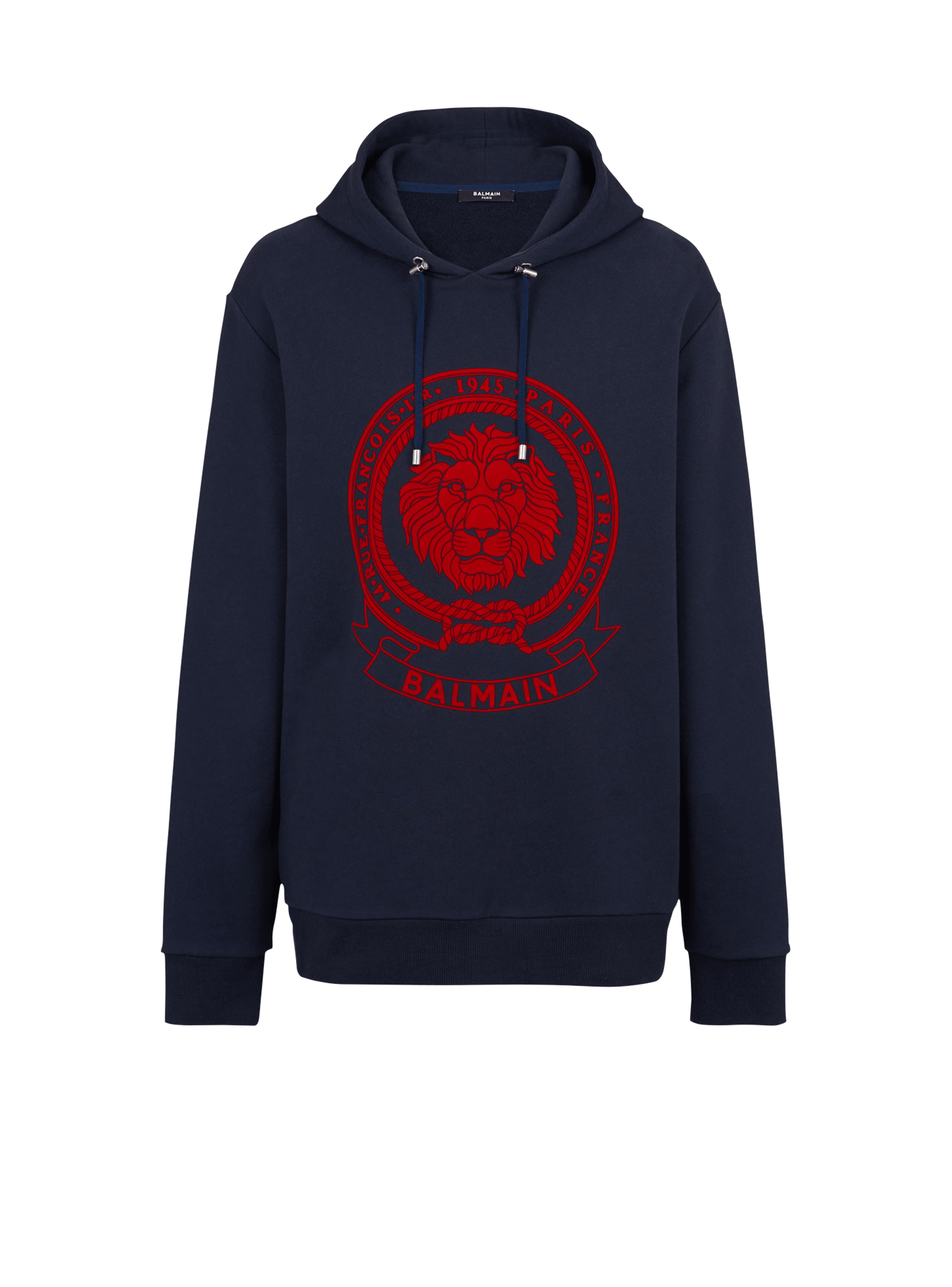HIGH SUMMER CAPSULE -Cotton sweatshirt with flocked Balmain logo, navy, hi-res