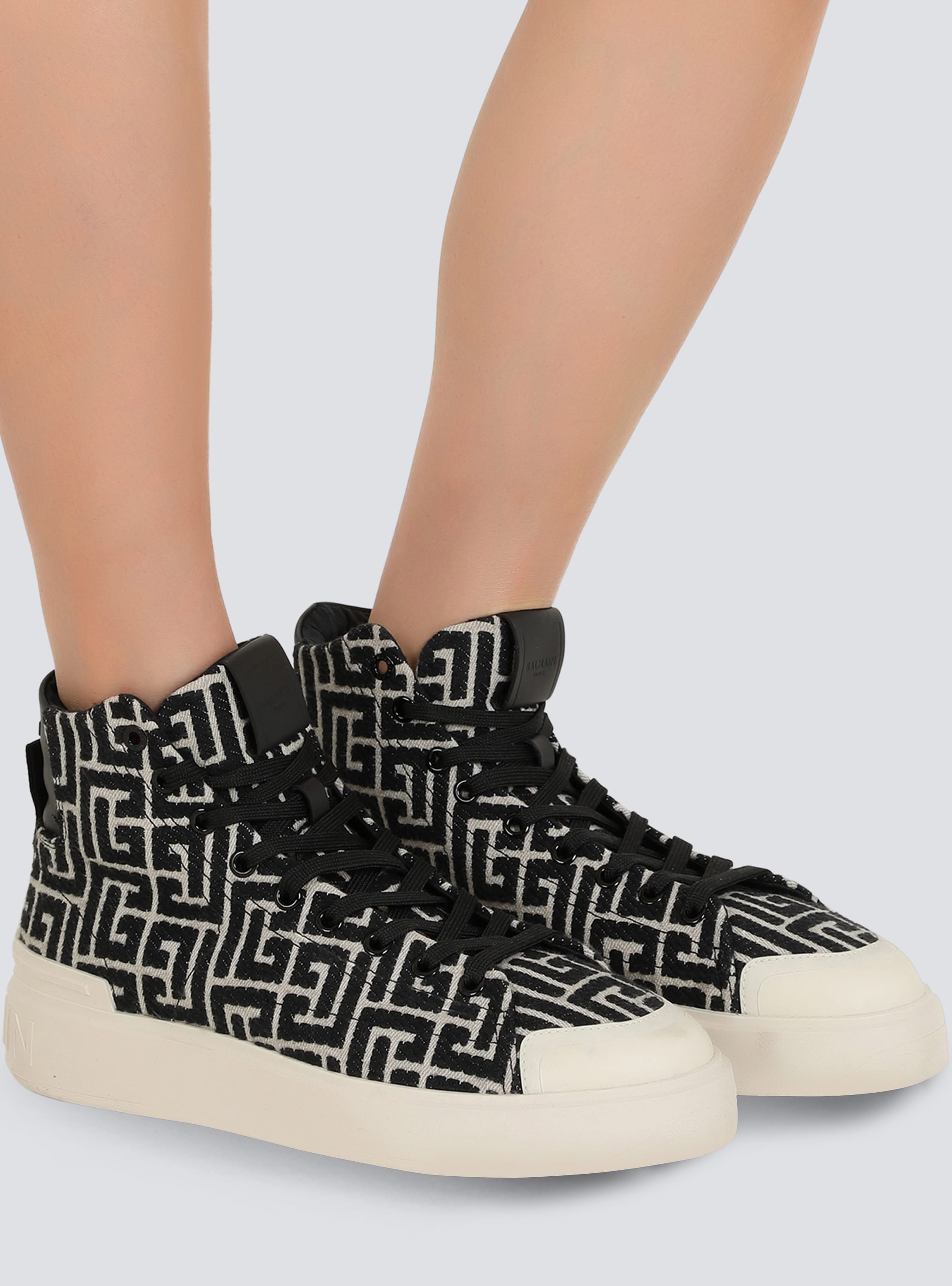 Balmain B-Court Monogram Canvas White / Black High Top Sneakers