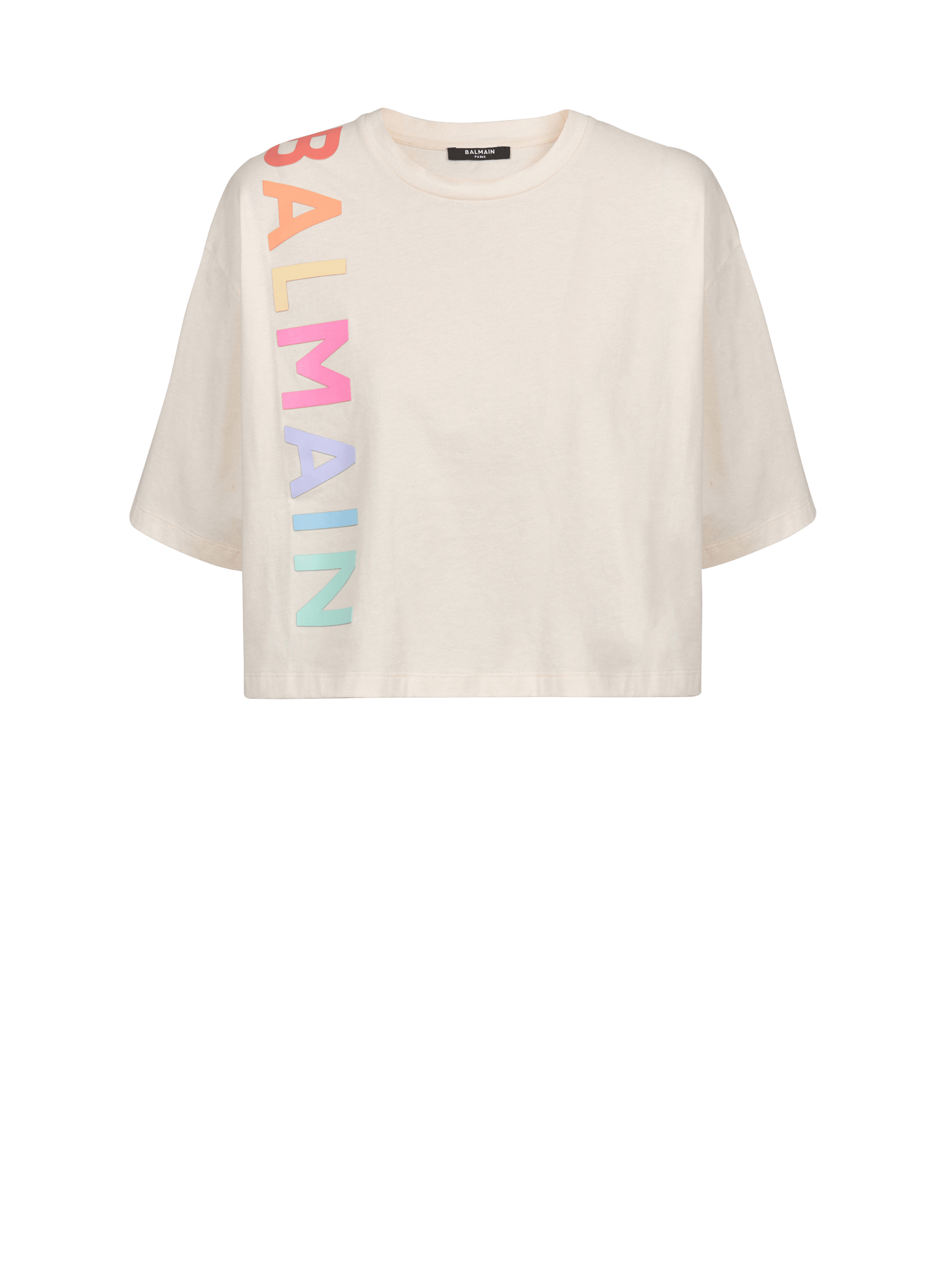 Kurzes T-Shirt aus Baumwolle mit aufgedrucktem Balmain-Logo, beige, hi-res