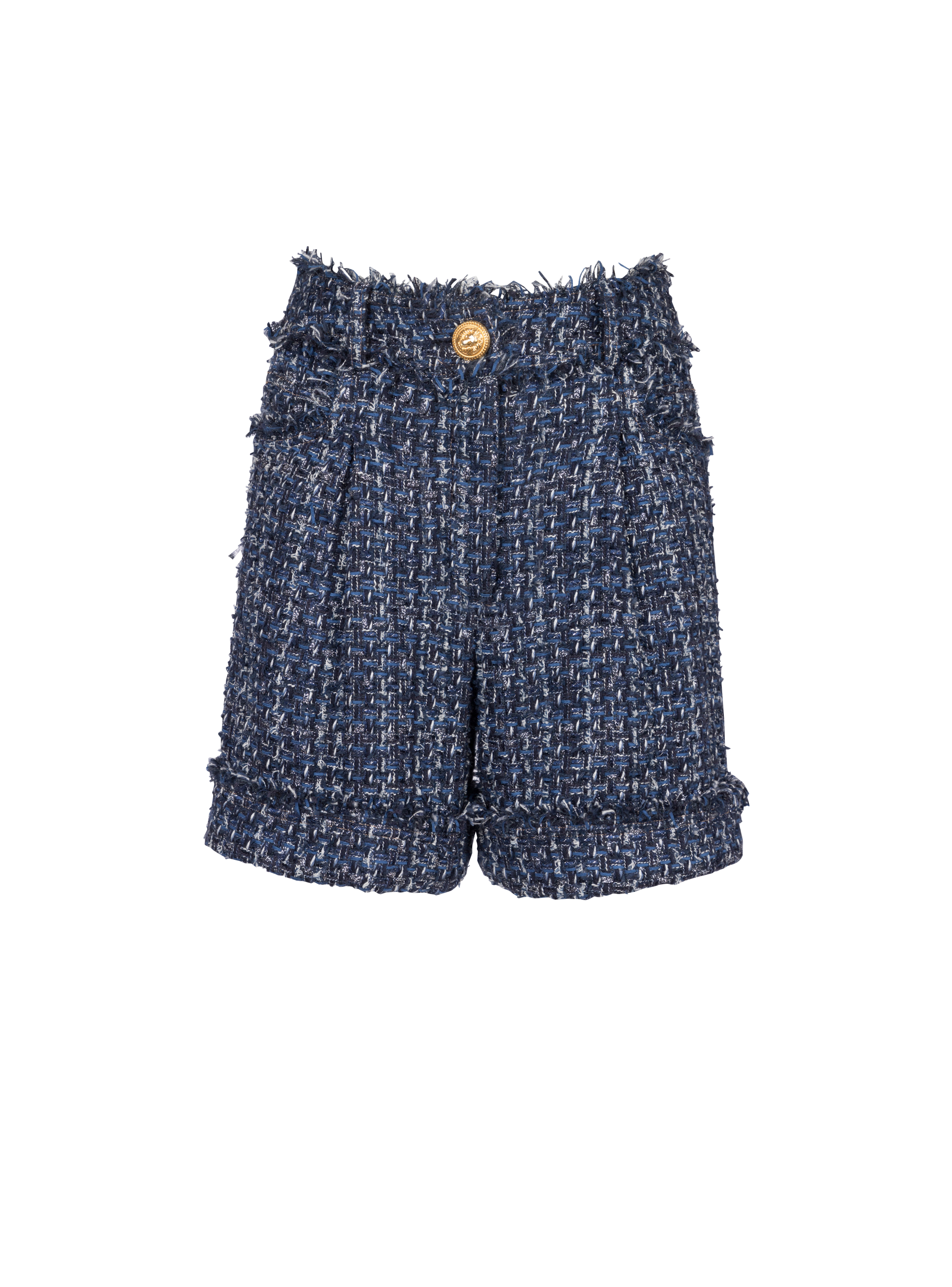 Shorts mit hoher Taille aus Tweed, marineblau, hi-res