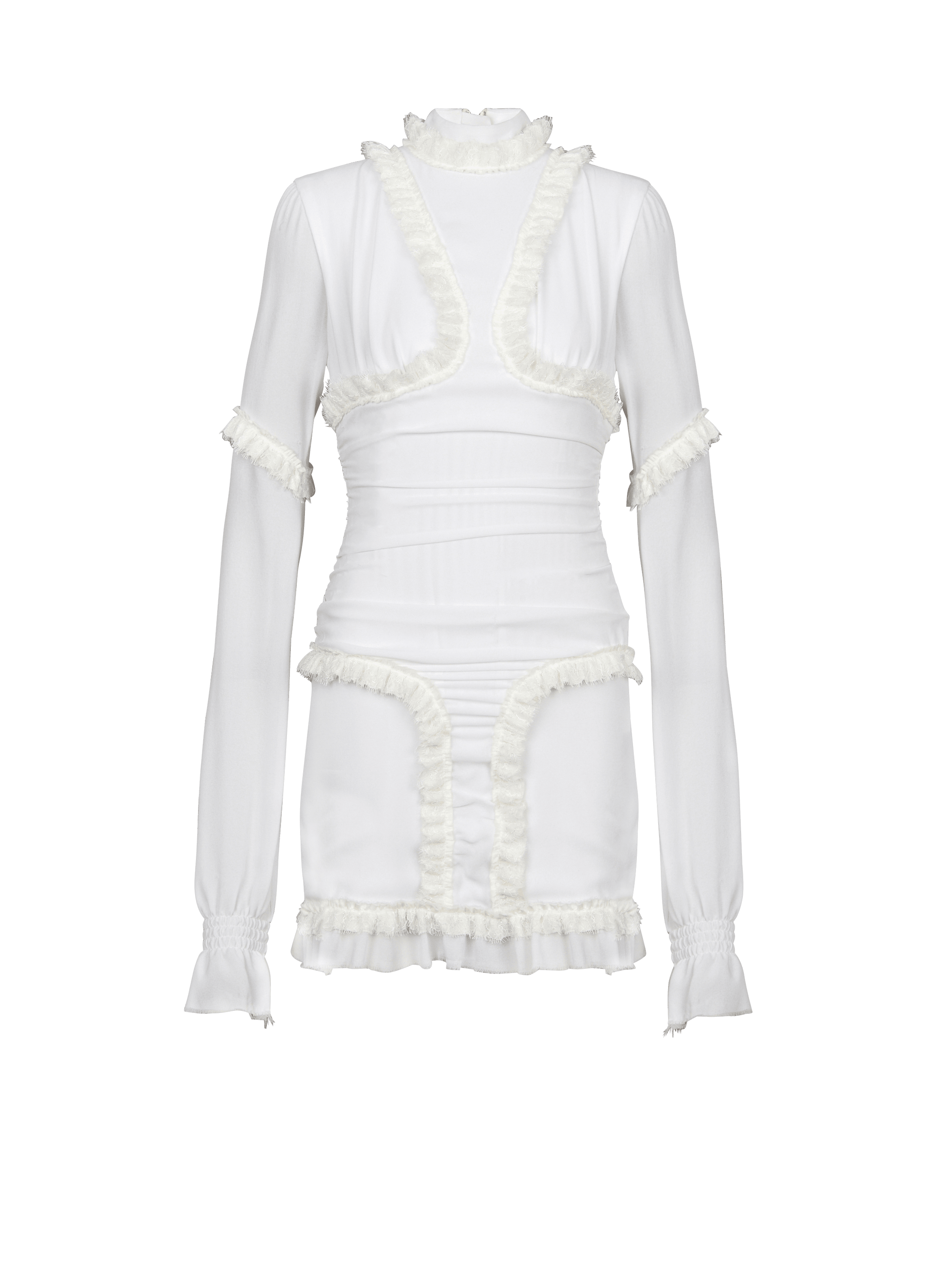 Draped short silk dress with ruffles, white, hi-res