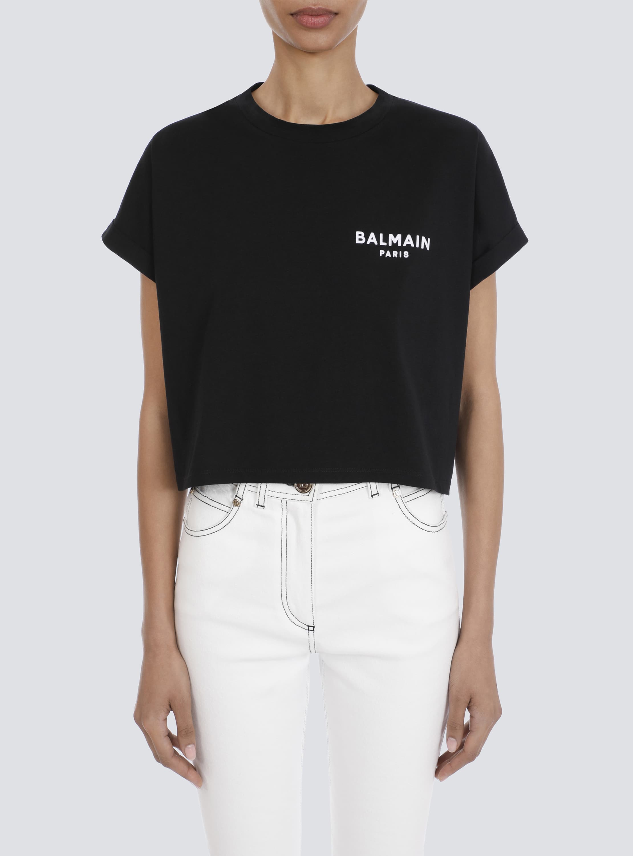 コットン クロップドTシャツ Balmain ブラックフロックロゴ - Women 