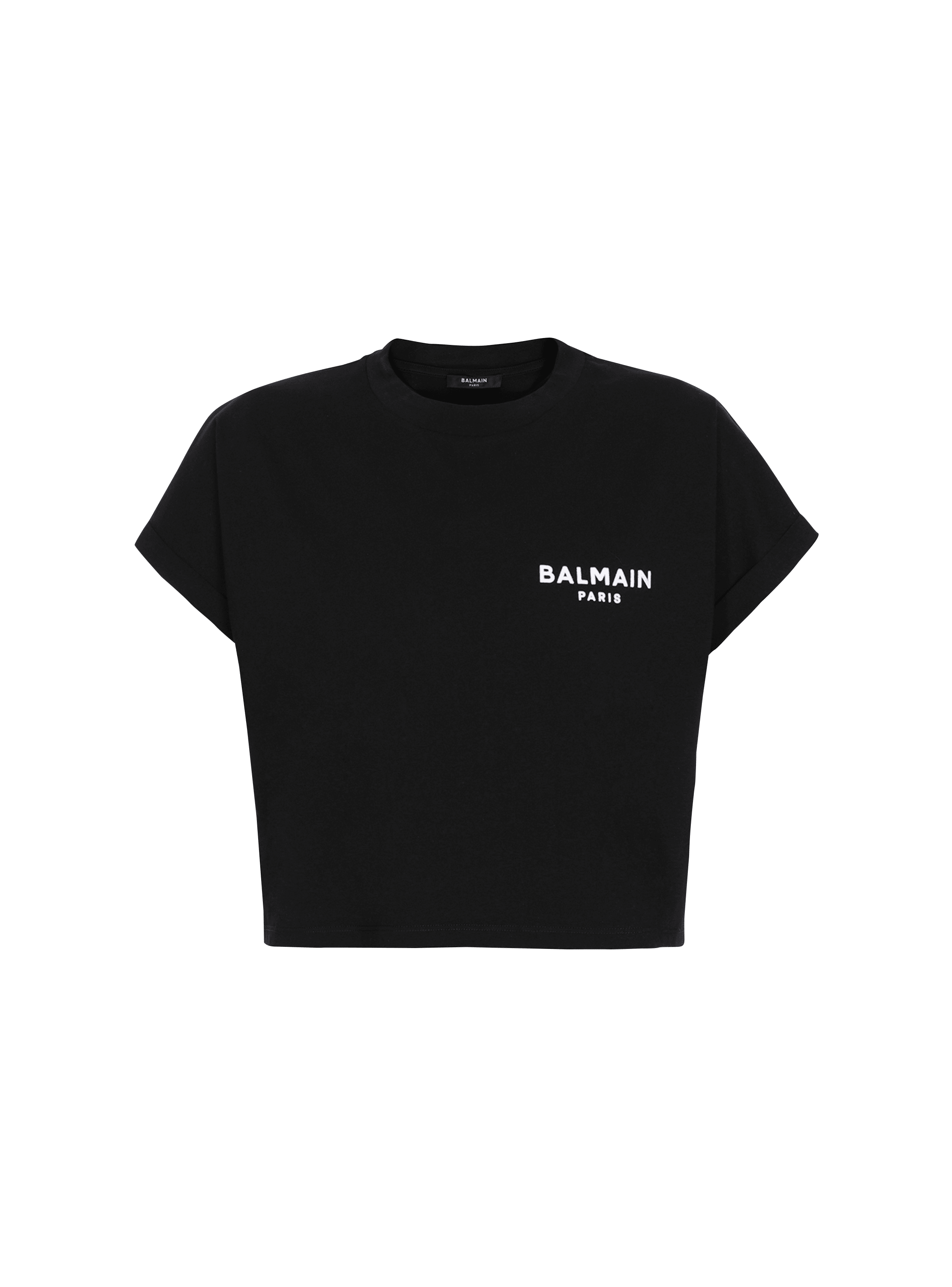 Camiseta corta de algodón con logotipo pequeño de Balmain flocado