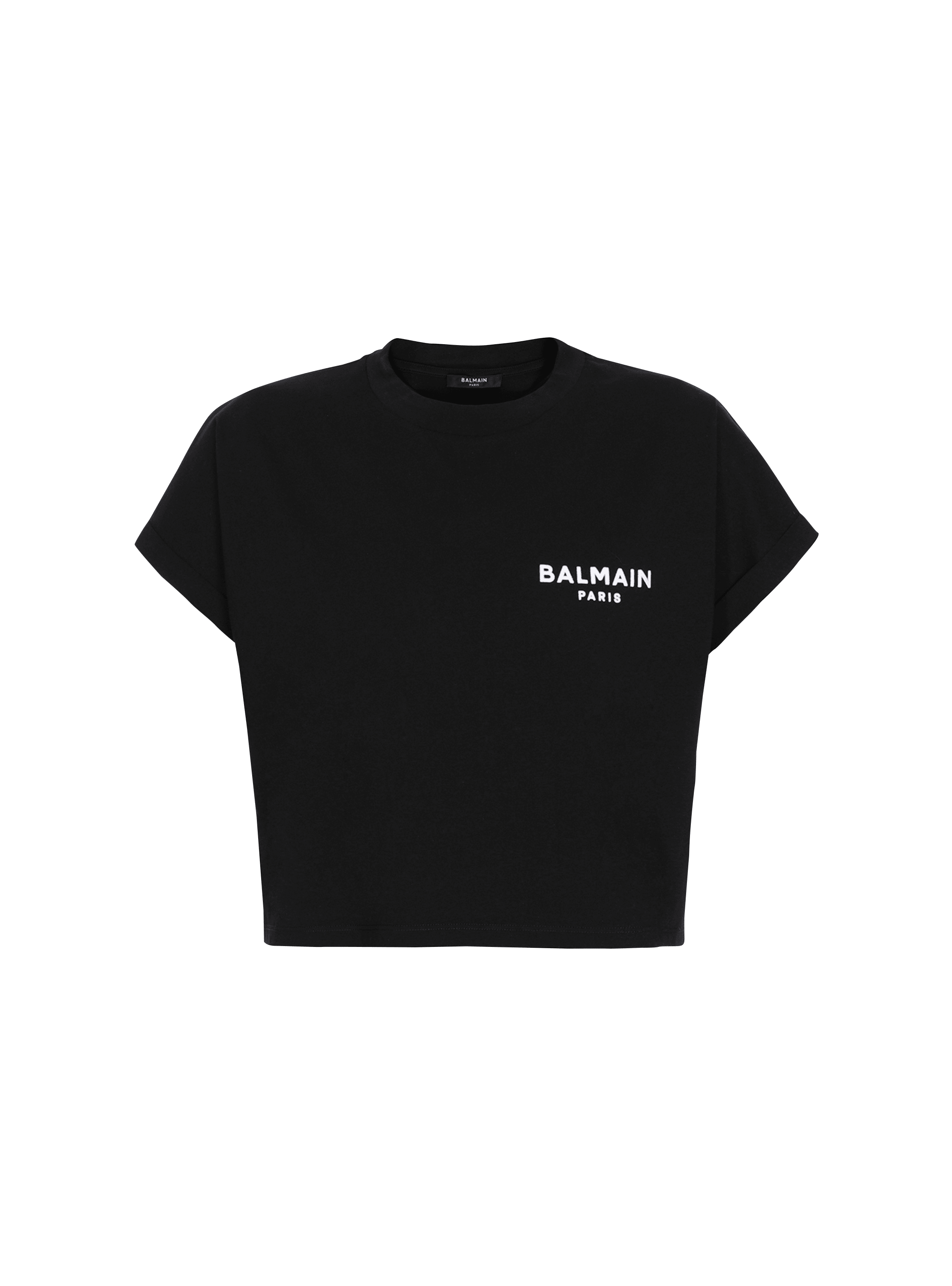 Cropped eco-designed cotton T-shirt with small flocked Balmain logo