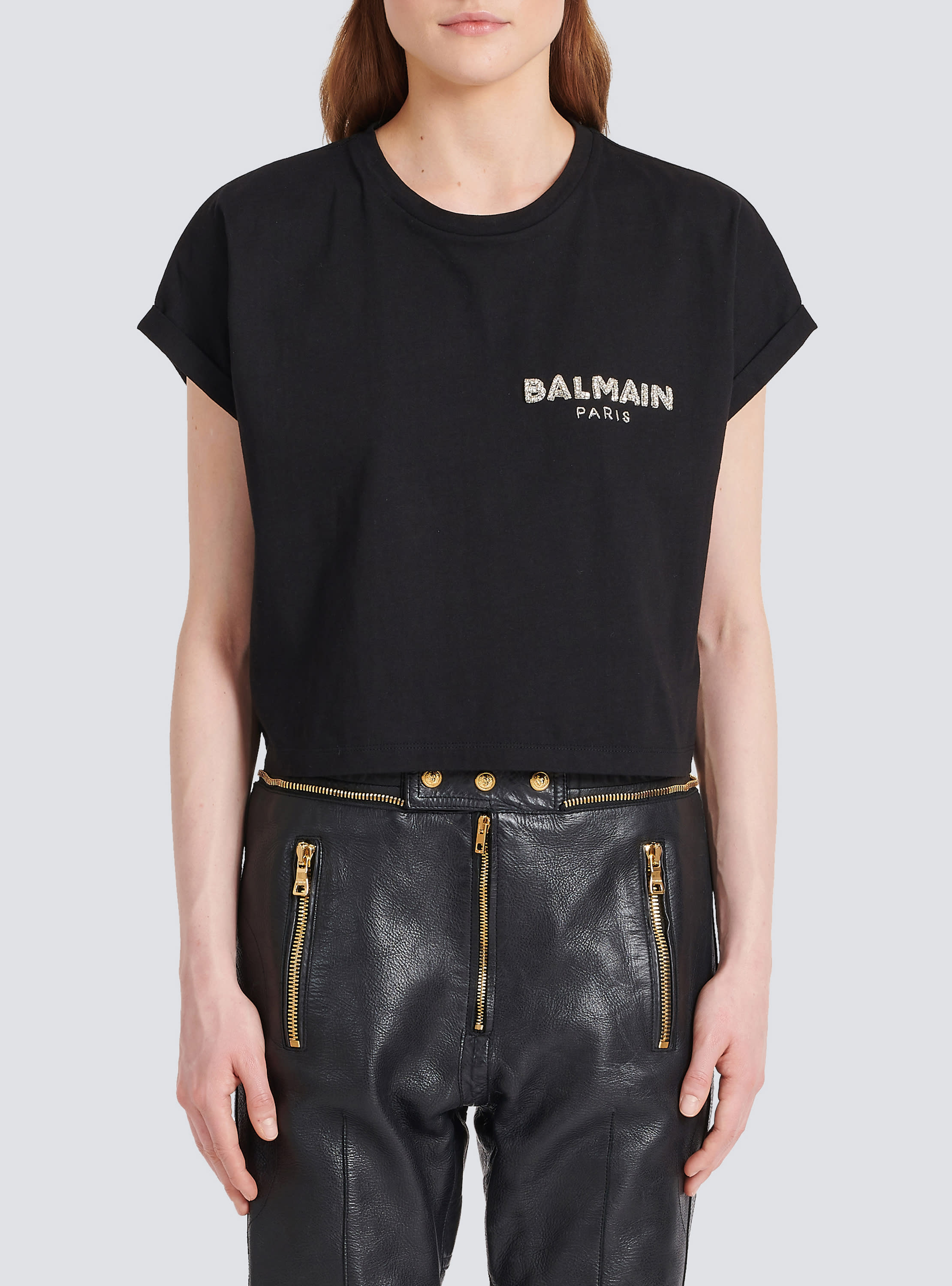 Cropped cotton T-shirt with small embroidered Balmain logo