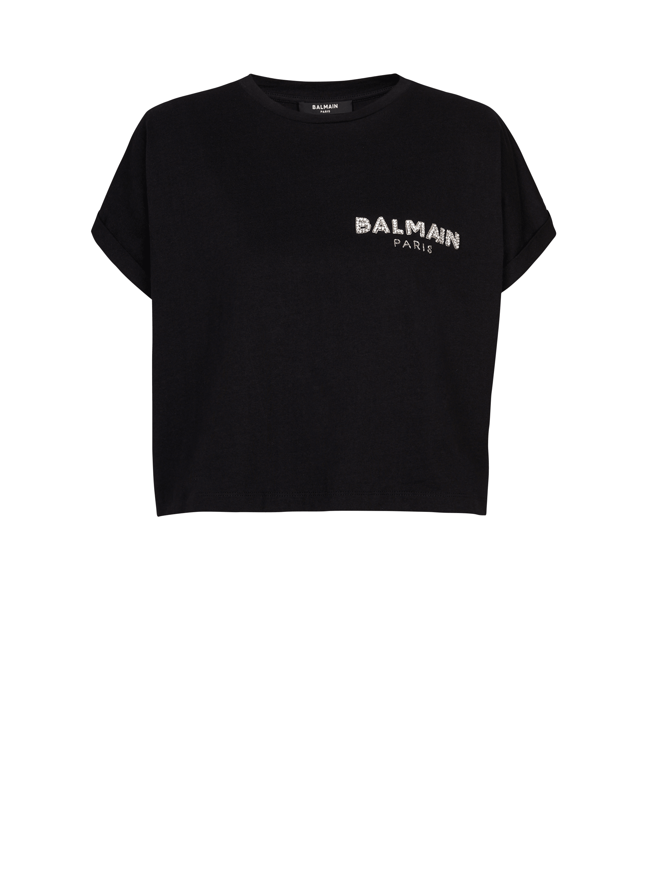 Cropped cotton T-shirt with small embroidered Balmain logo black ...