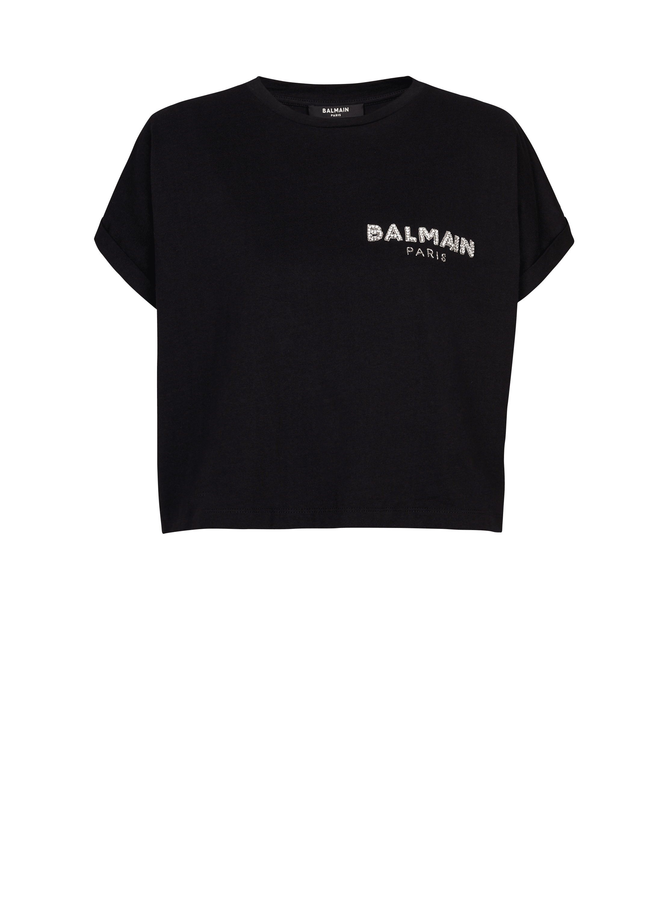 Cropped cotton T-shirt with small embroidered Balmain logo