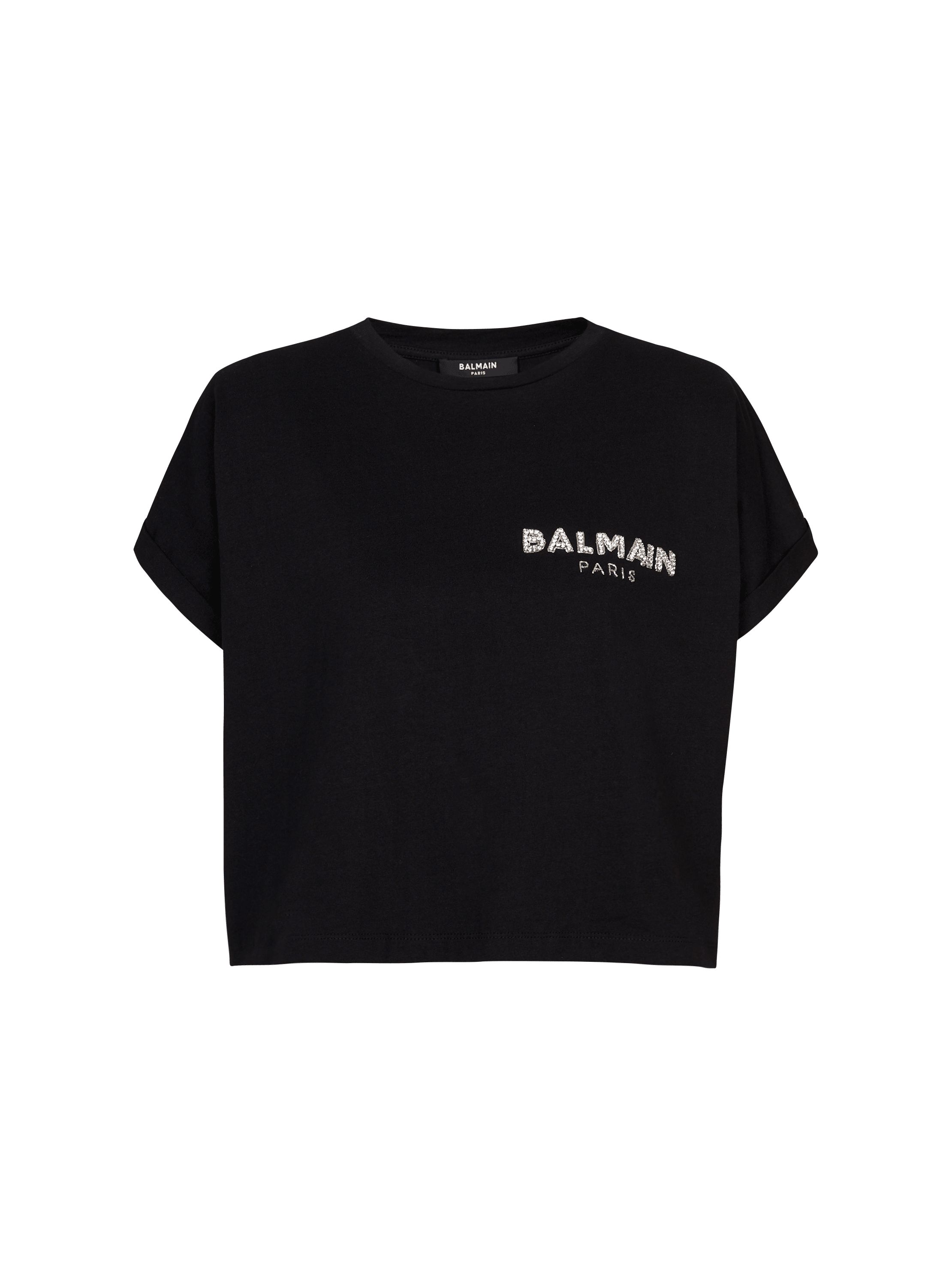 Camiseta corta de algodón con pequeño logotipo de Balmain bordado