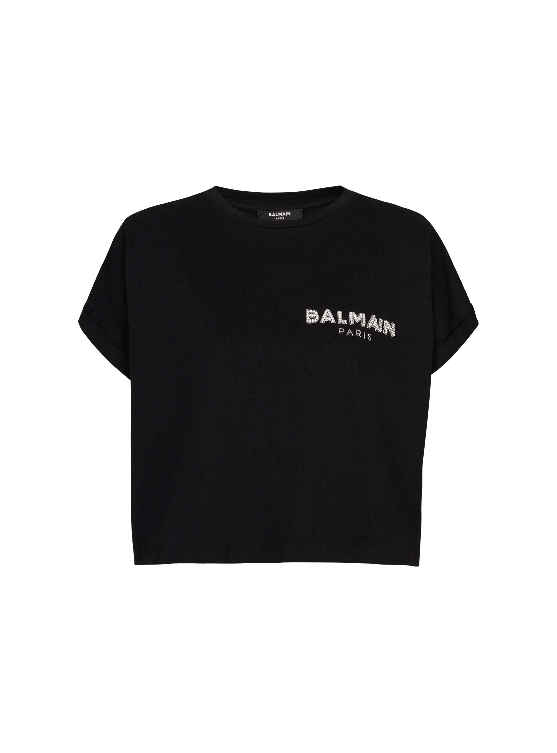 Cropped cotton T-shirt with small embroidered Balmain logo