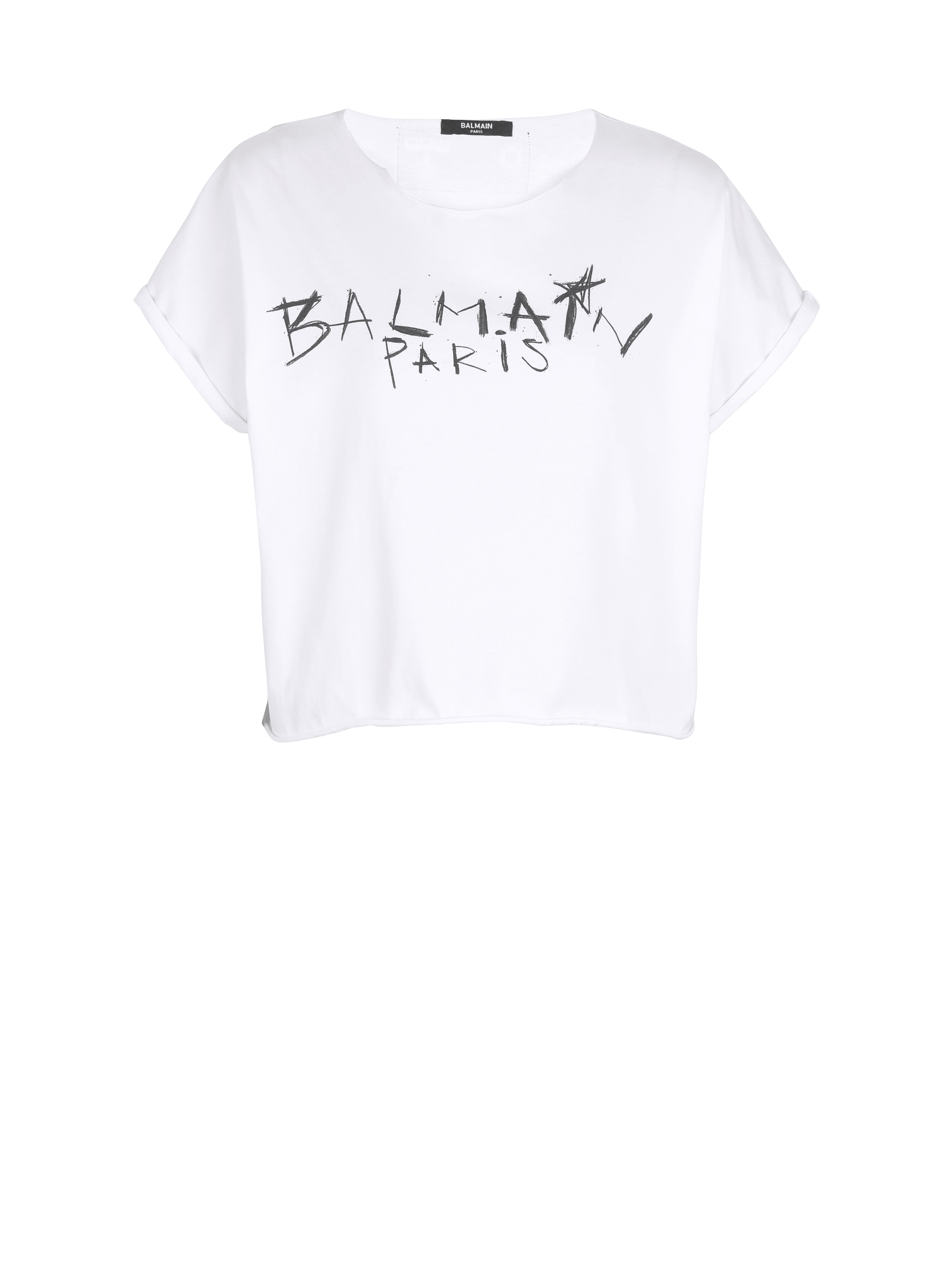 Cropped cotton T-shirt with Balmain graffiti print, white, hi-res