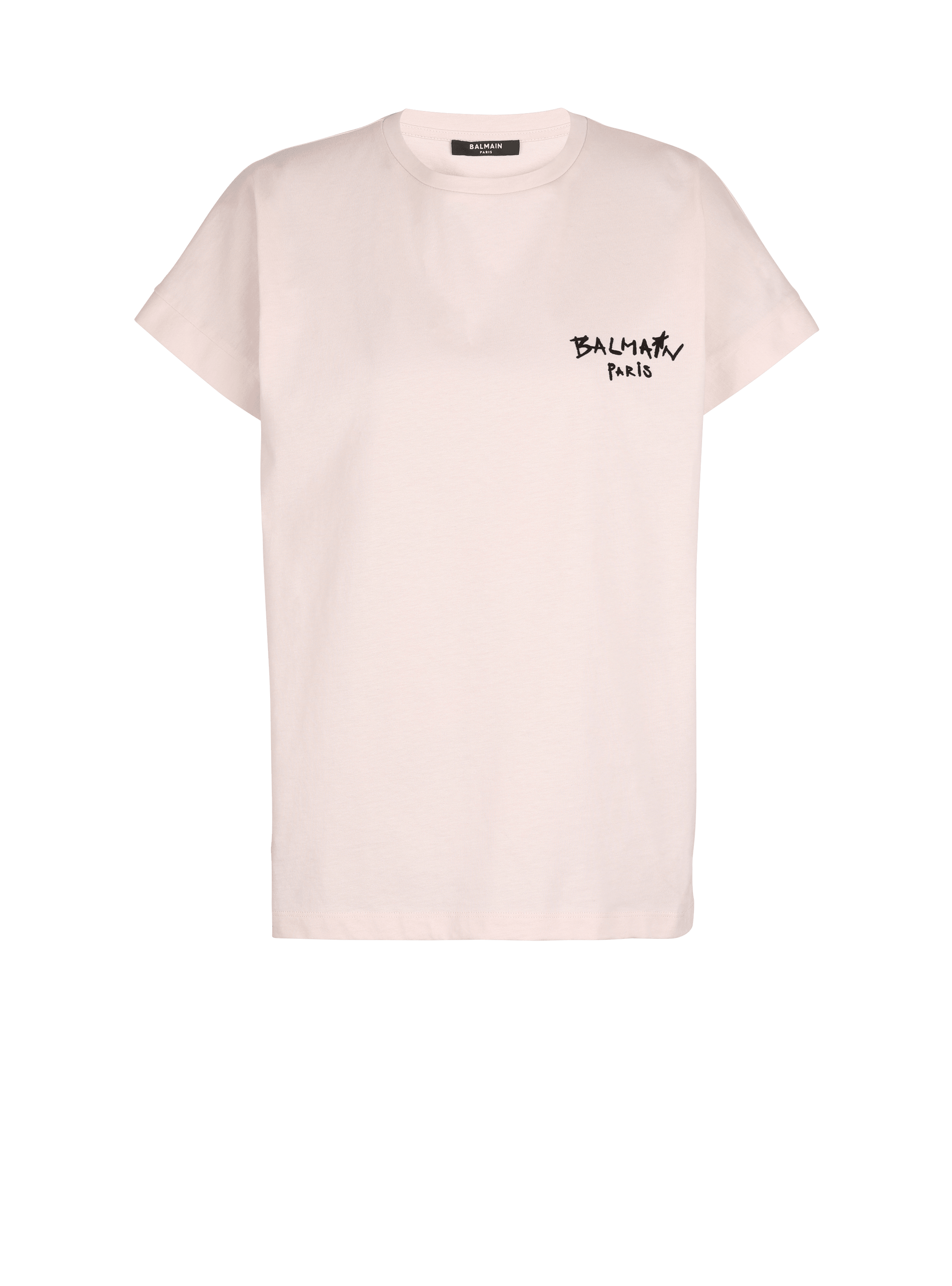 Cotton T-shirt with small flocked graffiti Balmain logo, pink, hi-res
