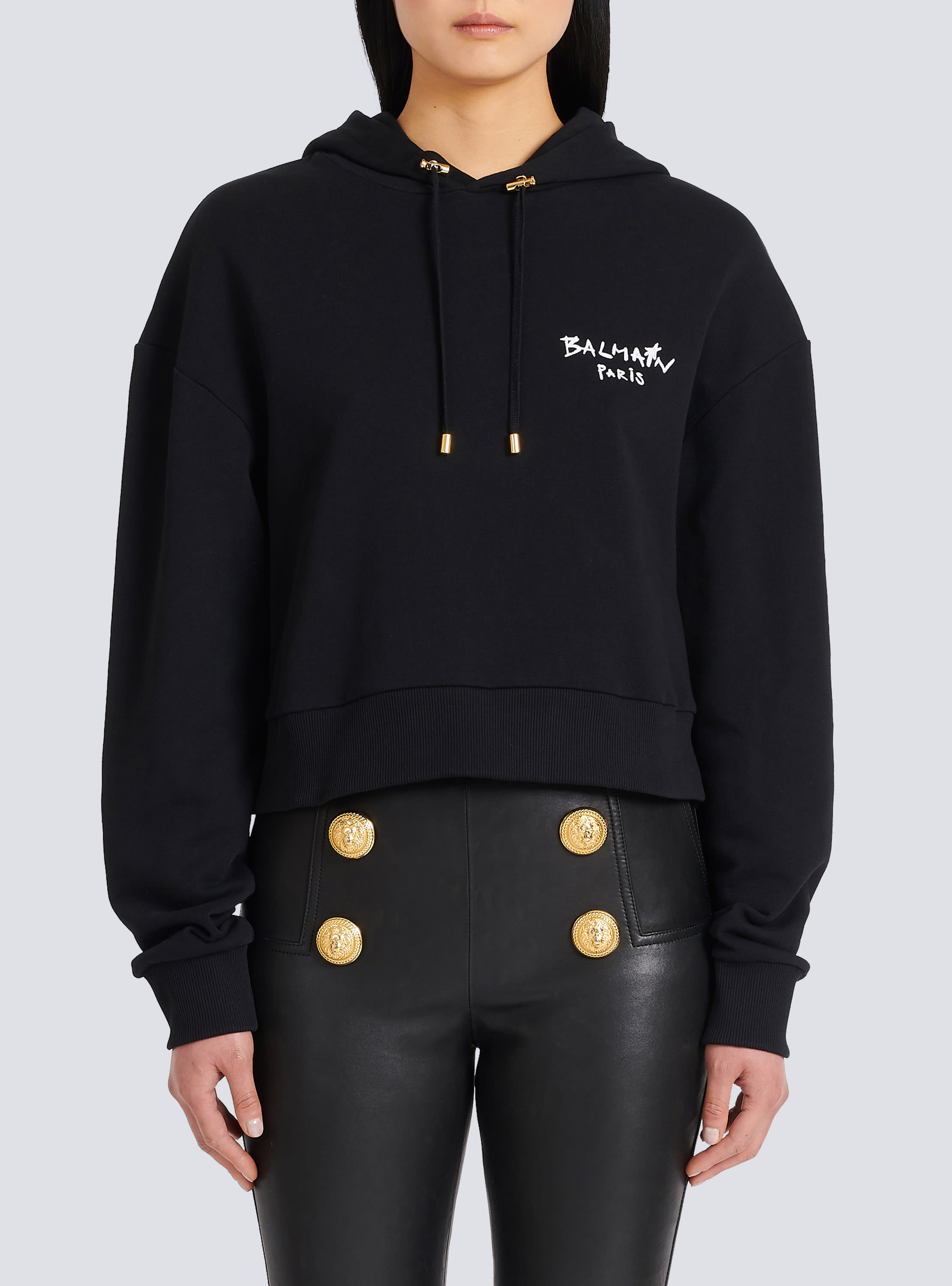 Cropped eco-design cotton sweatshirt with flocked graffiti Balmain logo