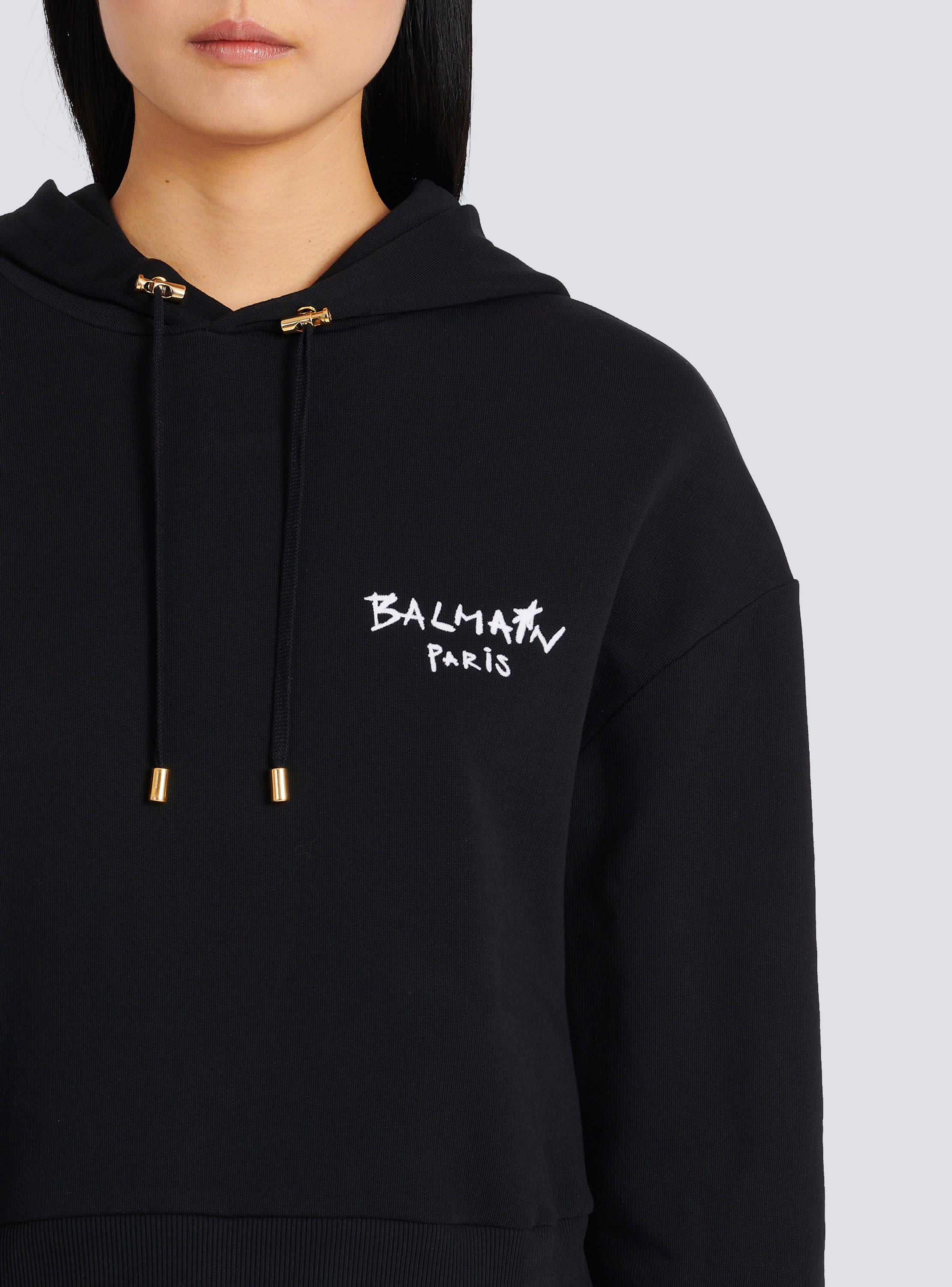 Cropped eco-design cotton sweatshirt with flocked graffiti Balmain logo