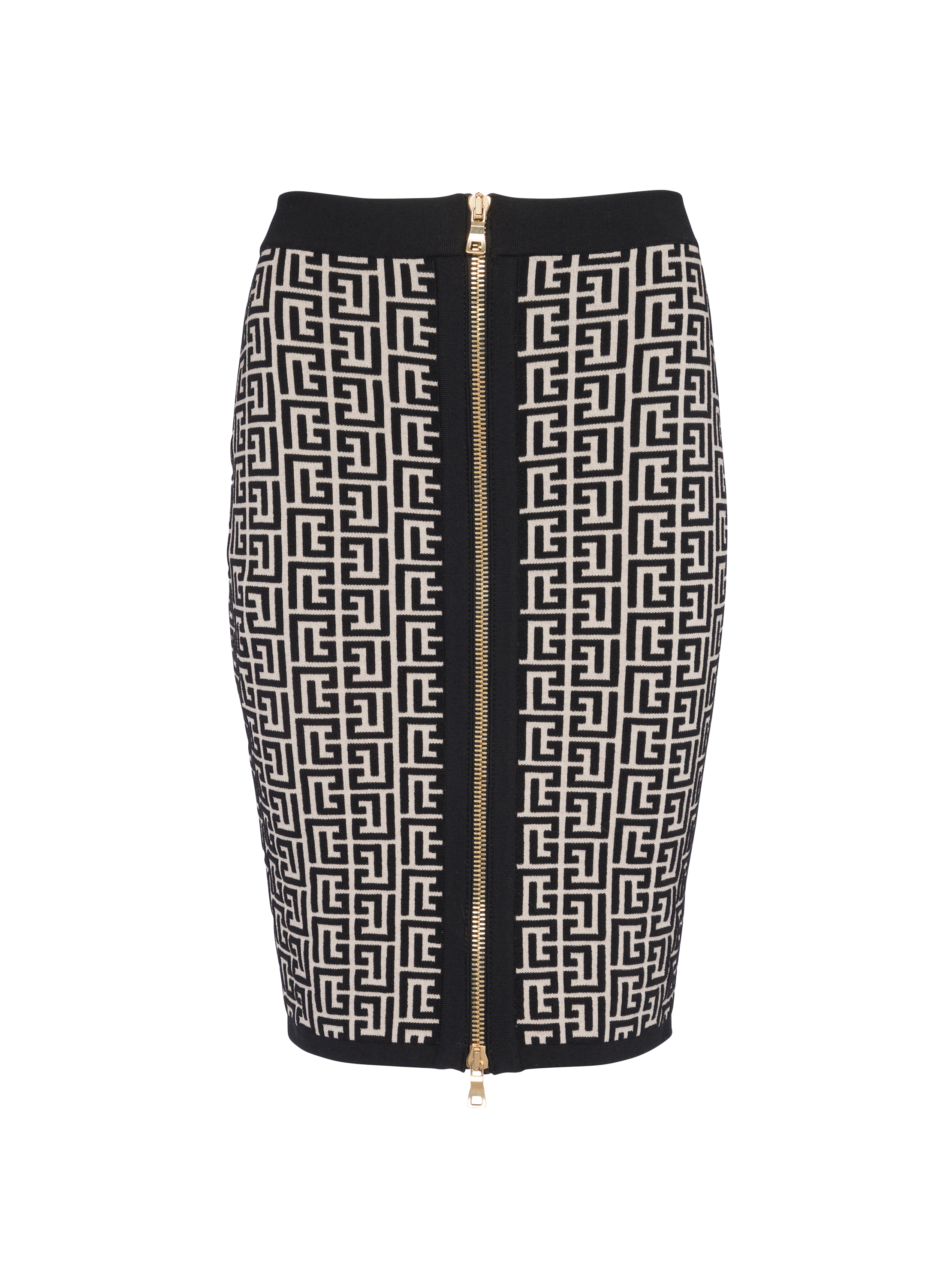 Mid-length knit skirt with Balmain monogram, black, hi-res