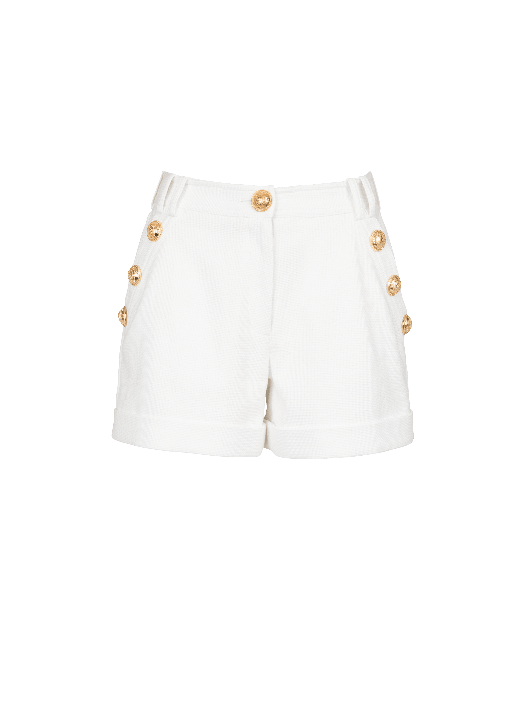 Shorts aus Baumwolle mit niedrigem Bund und goldfarbenen Knöpfen, WeiB, hi-res