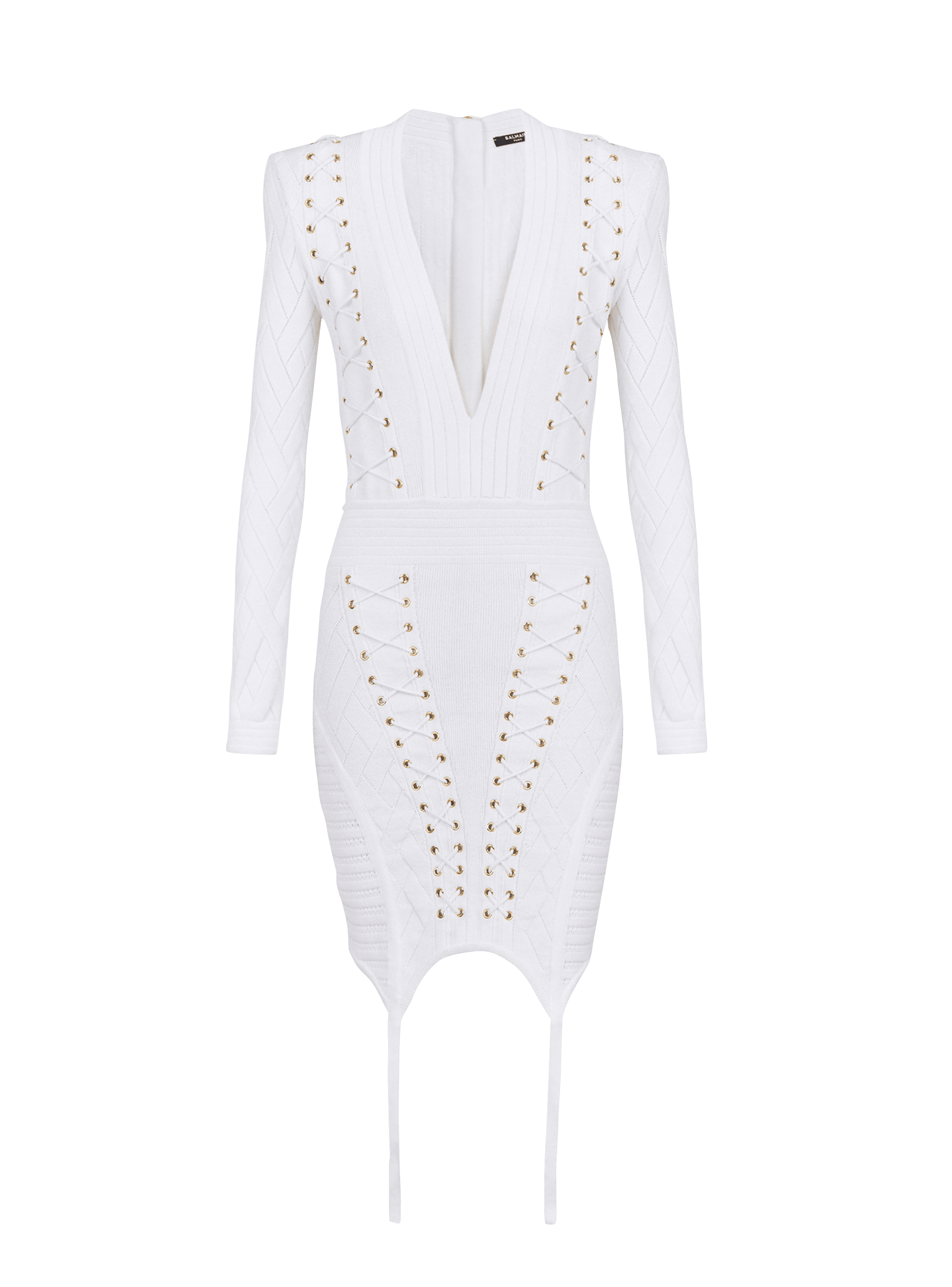 Short knit dress with garter, white, hi-res