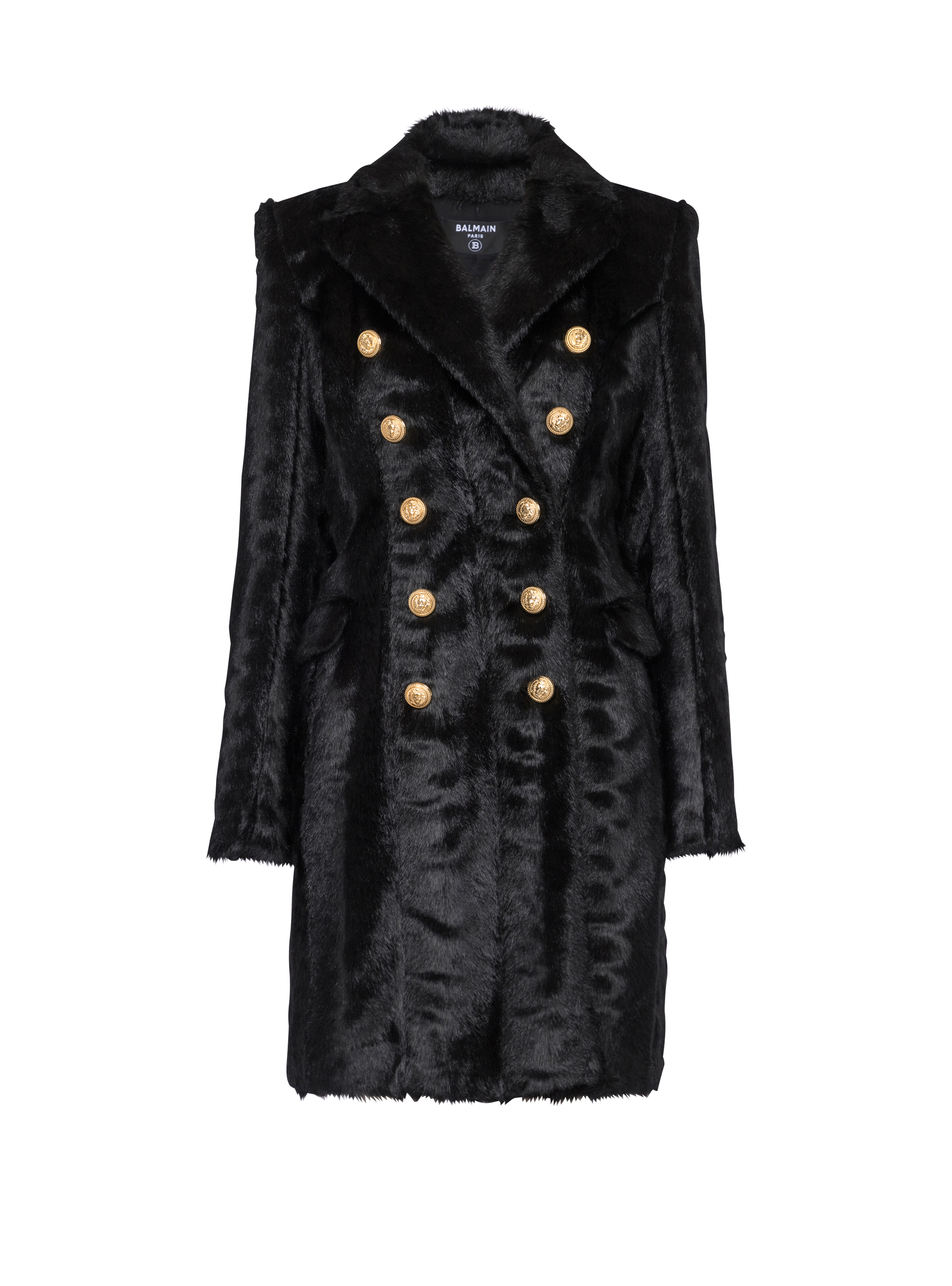 Long faux fur coat with double-buttoned fastening