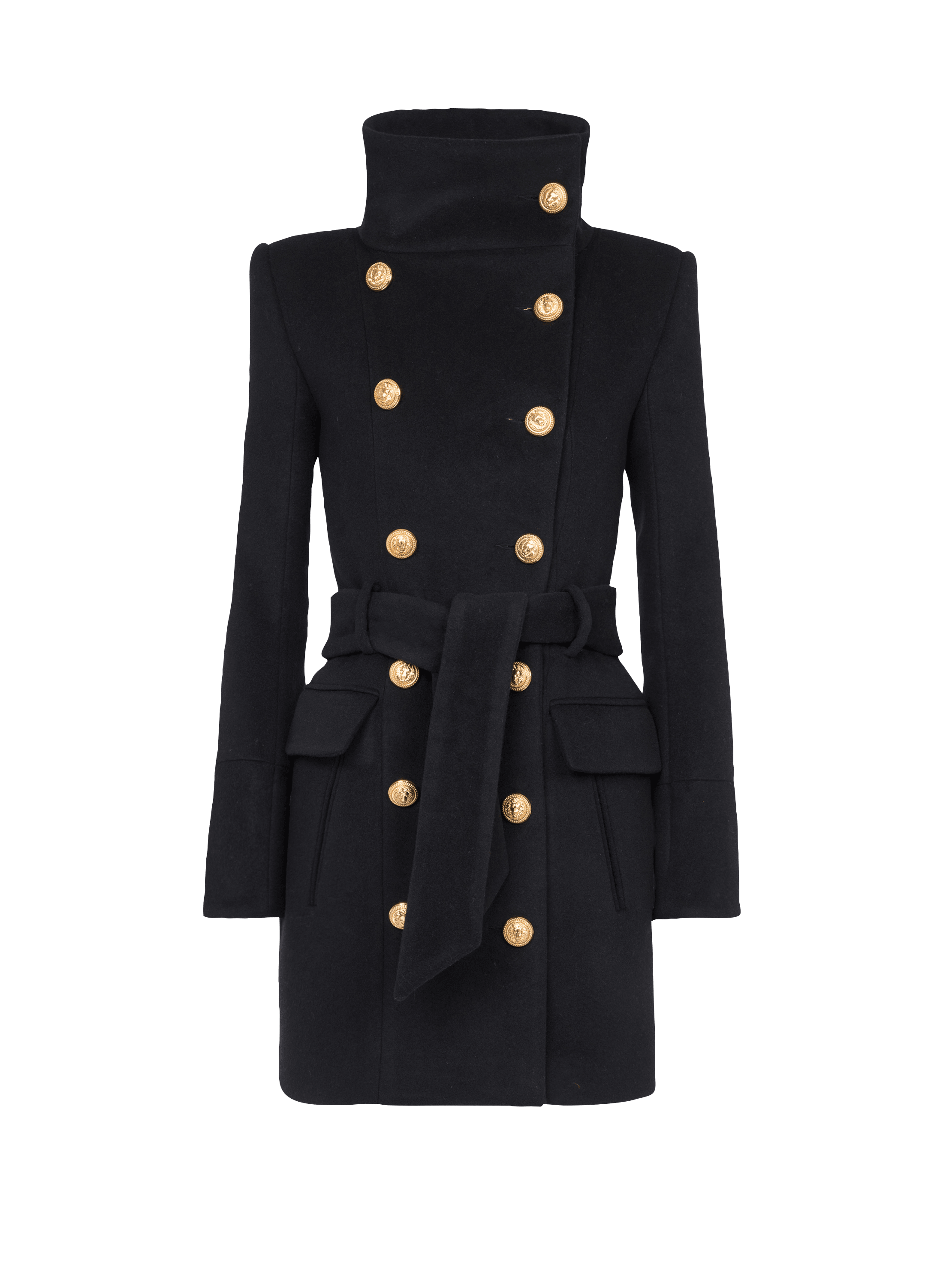 Manteau long en laine à double boutonnage doré, noir, hi-res