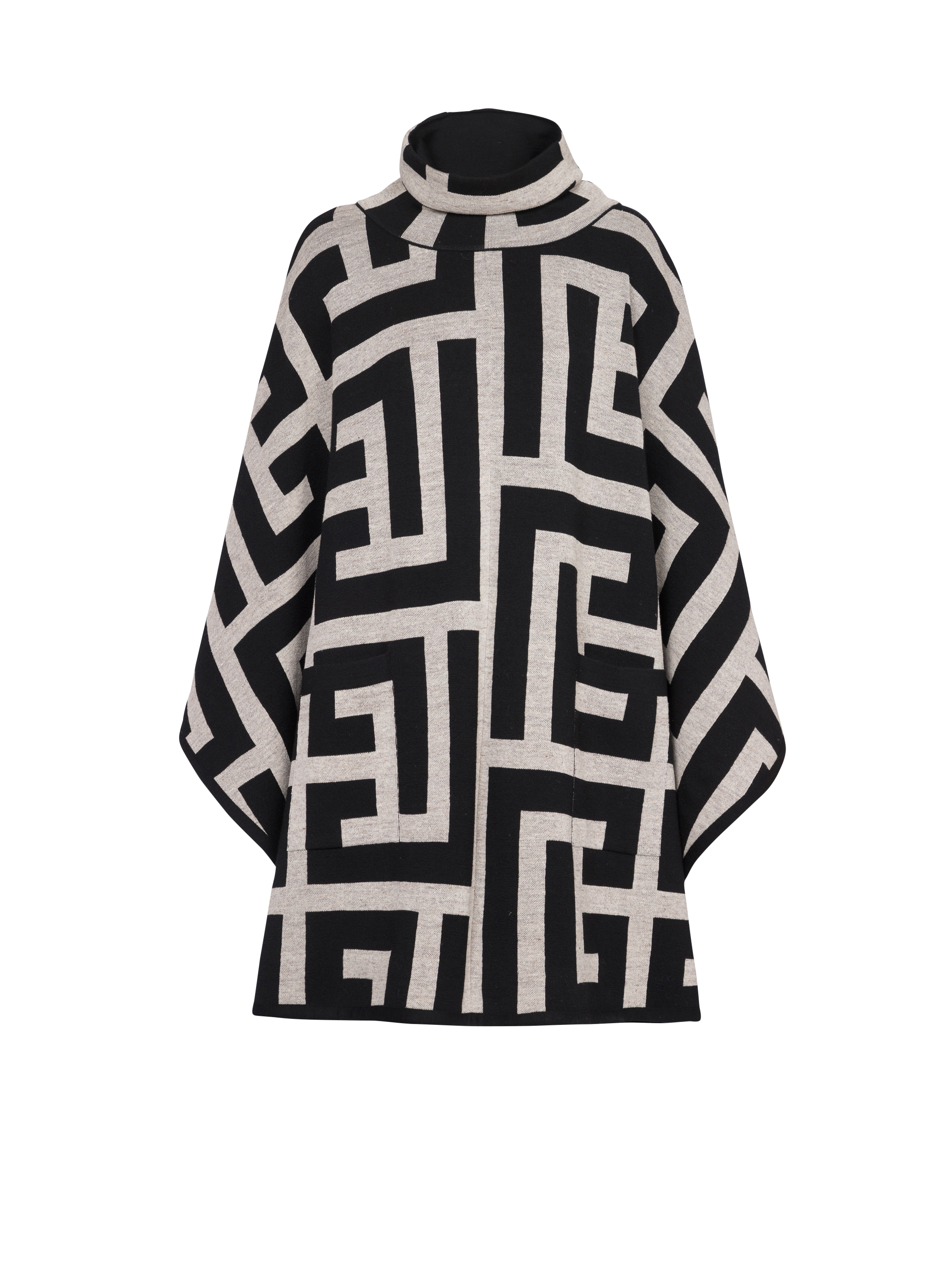 Knit poncho with maxi Balmain monogram print, black, hi-res