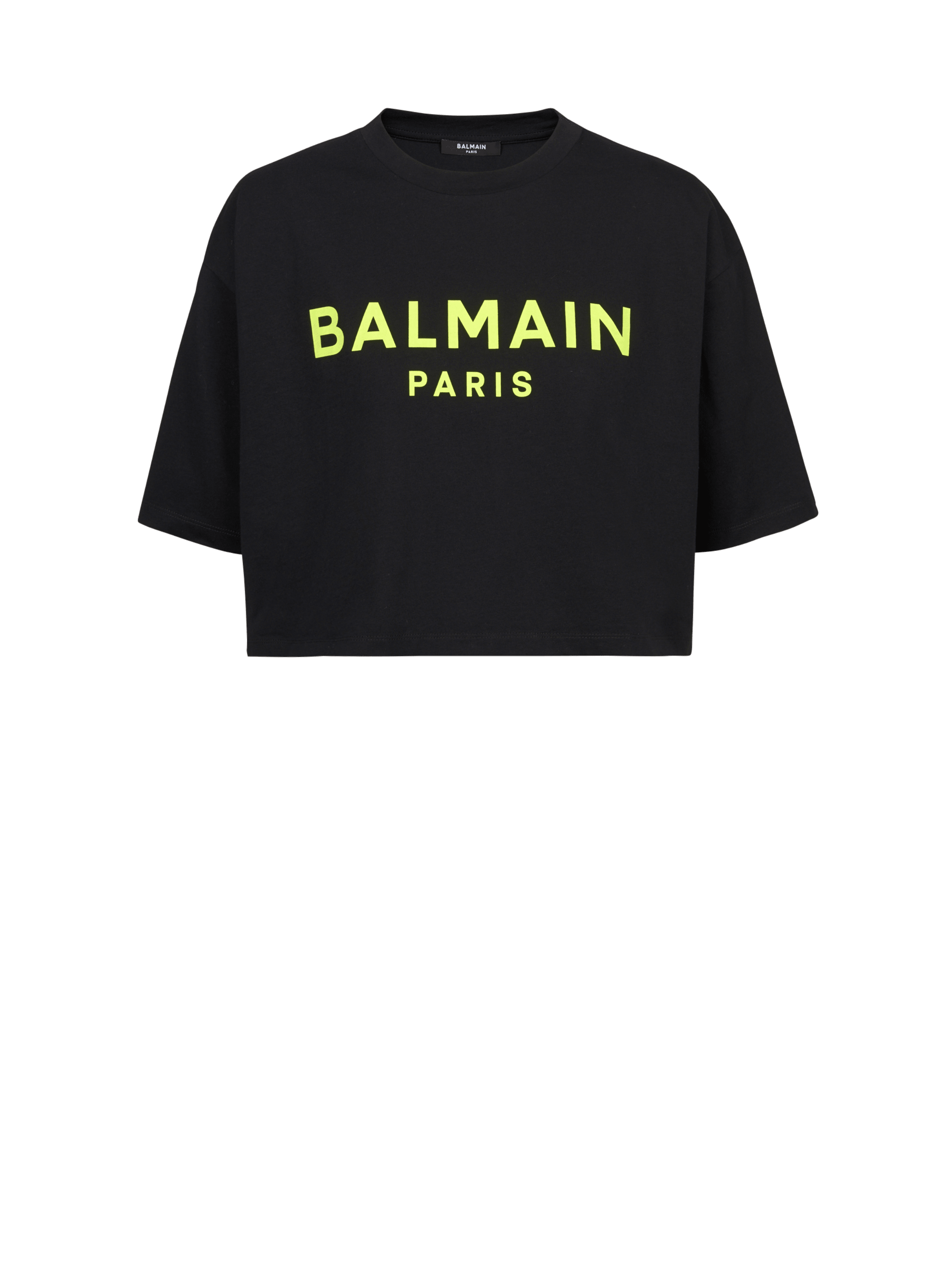 Camiseta cropped de algodón con logotipo de Balmain estampado