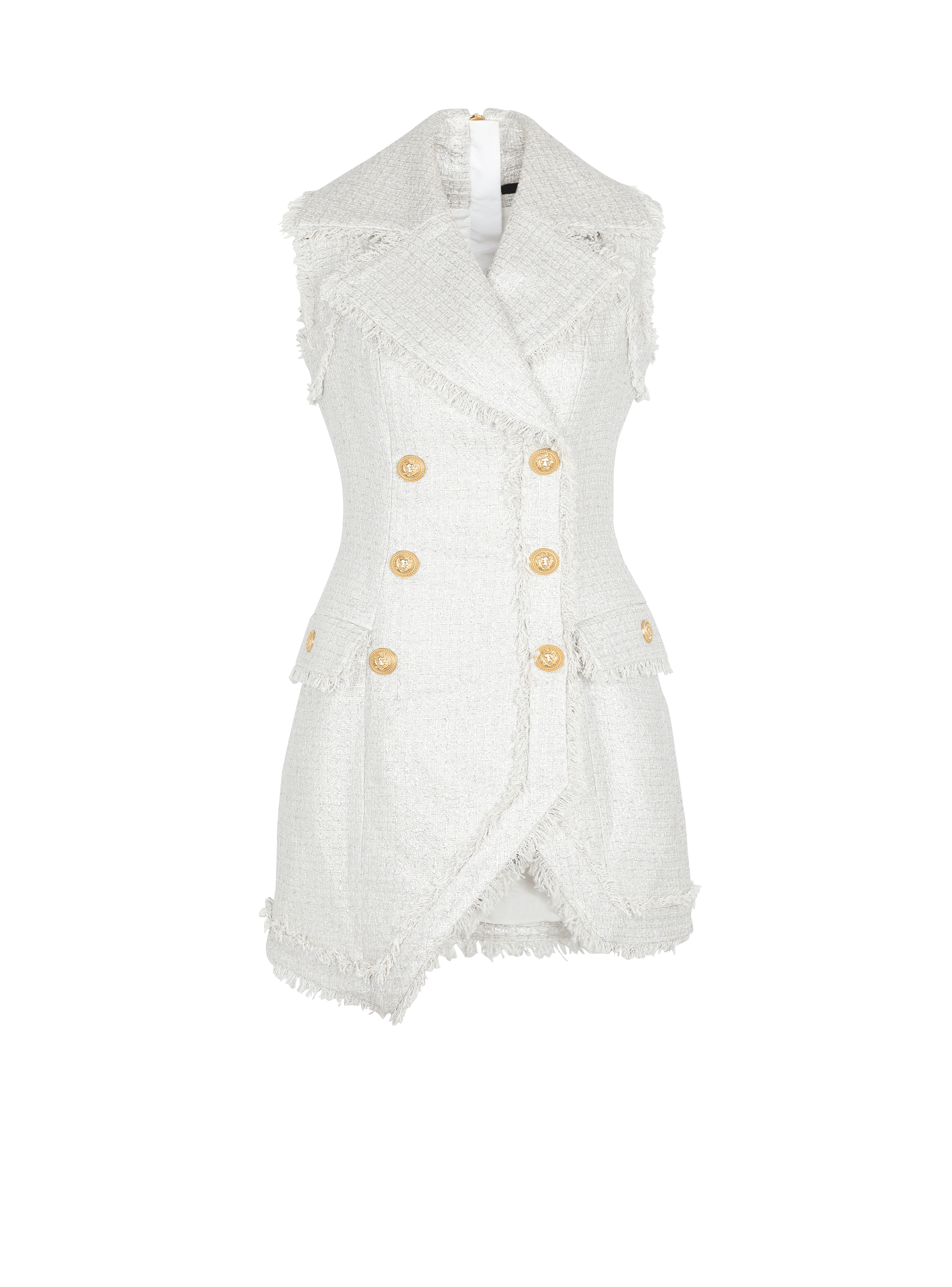 6-button asymmetric tweed dress