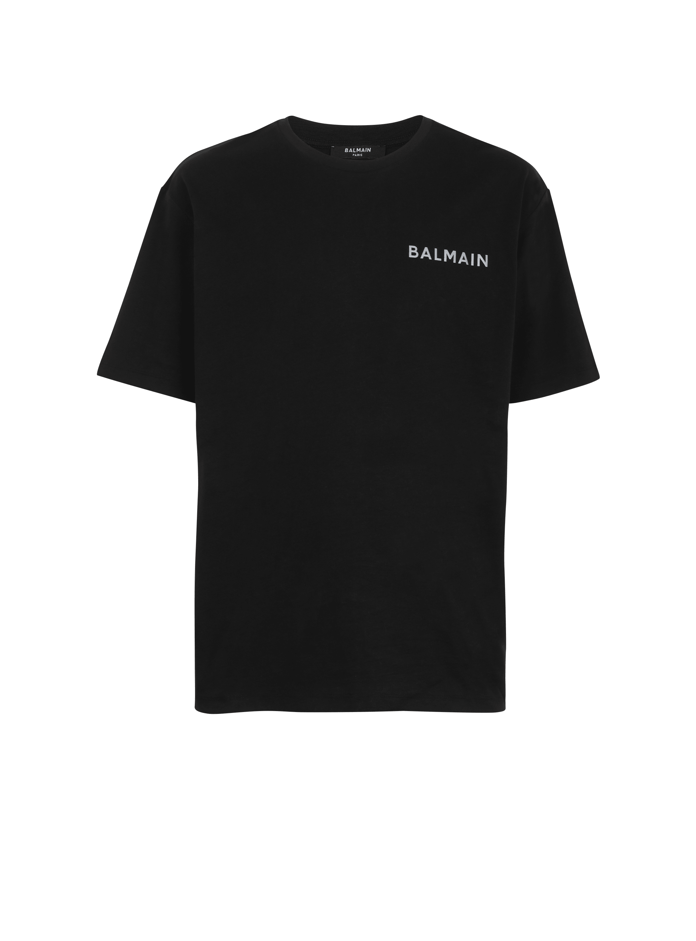 Cotton T-shirt with small Balmain Paris logo, black, hi-res