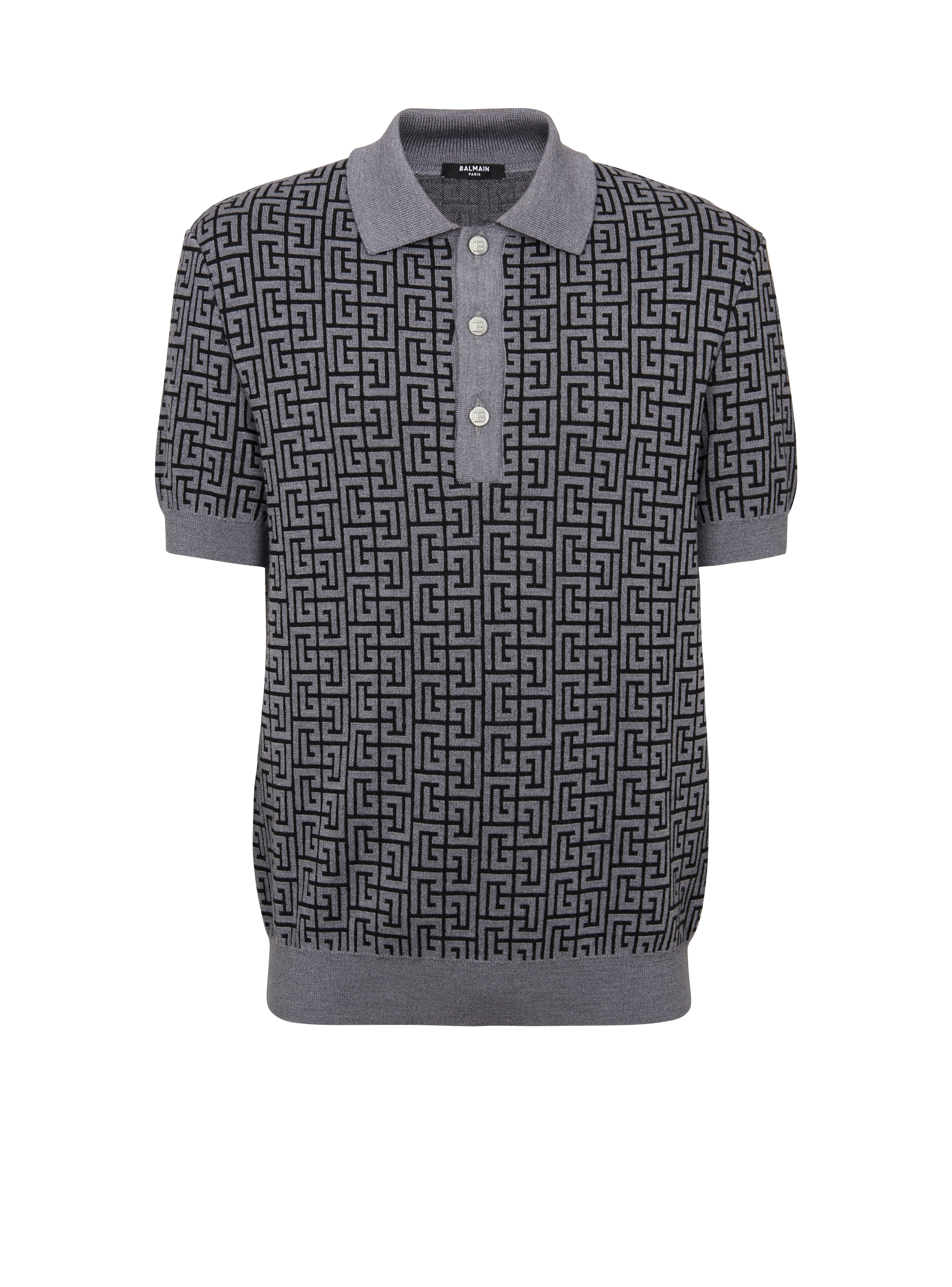 Wool polo shirt with Balmain monogram, grey, hi-res