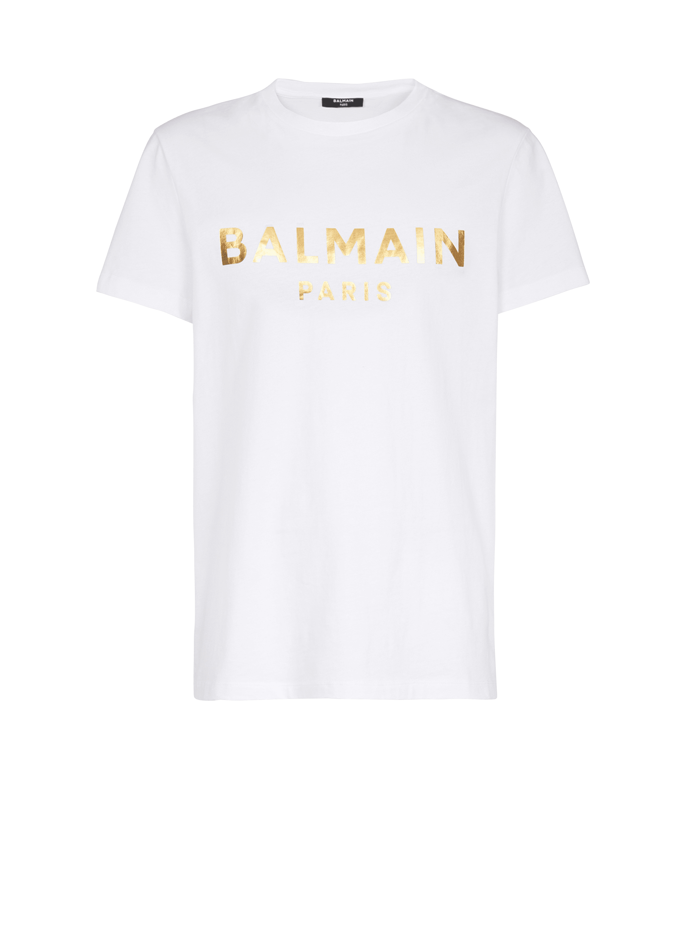 T-shirt in eco-responsible cotton with Balmain metallic logo print, white, hi-res