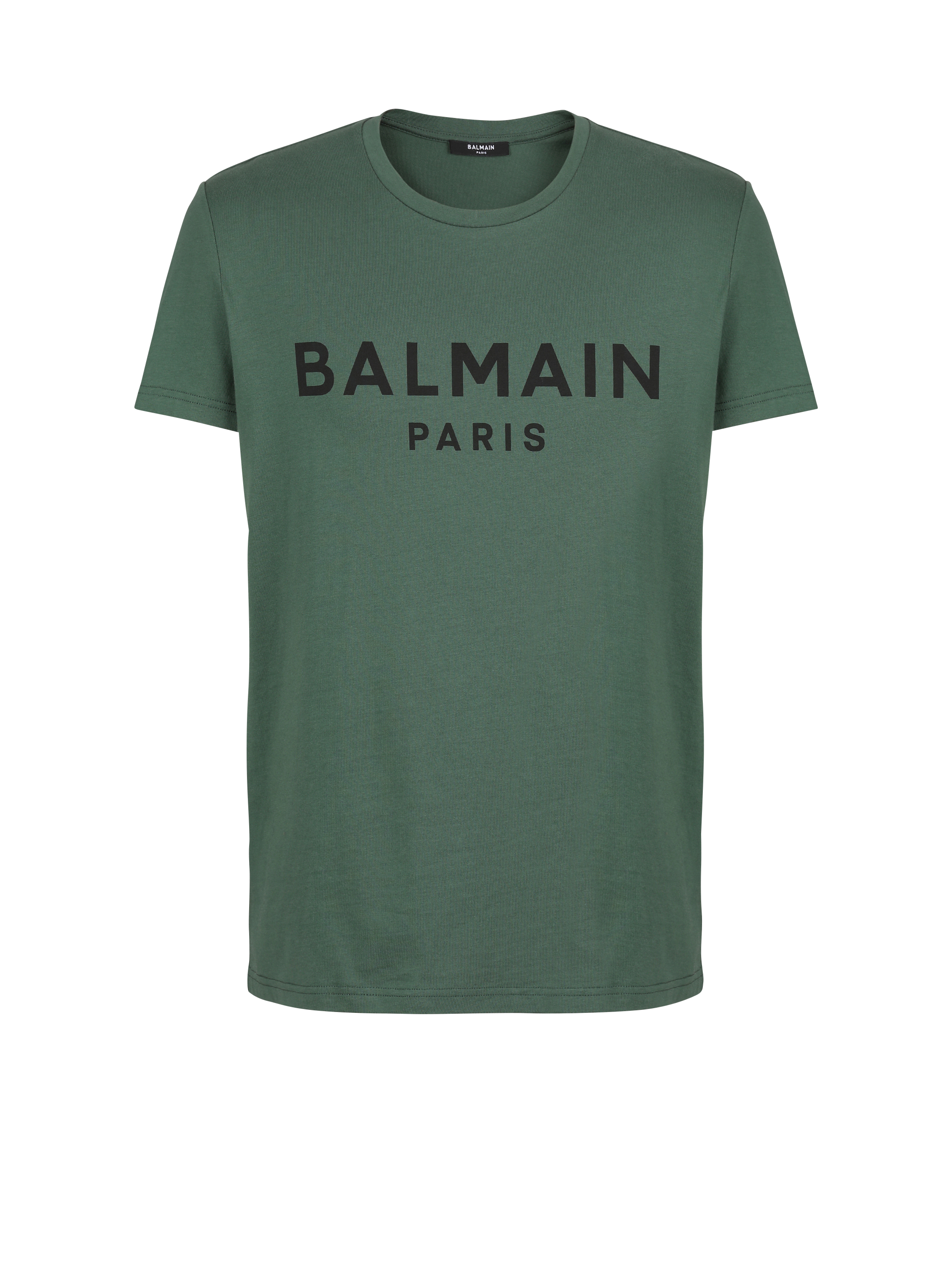 Camiseta de algodón con estampado del logotipo Balmain Paris, verde, hi-res