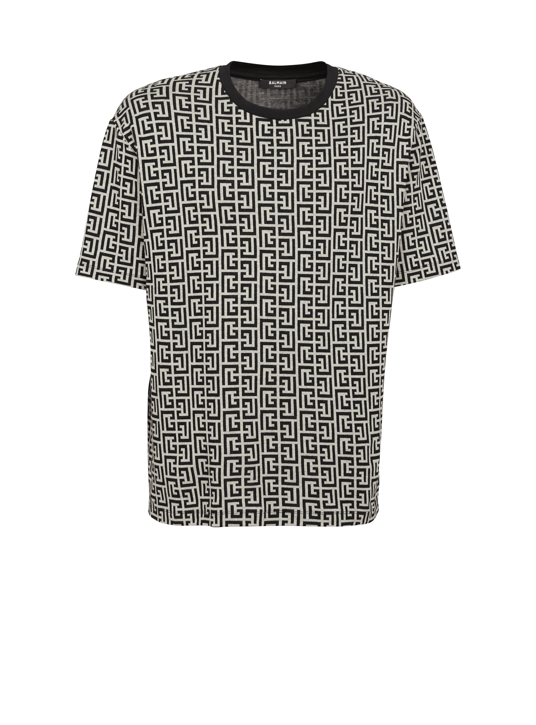 BALMAIN: cotton T-shirt with all-over monogram logo - Black